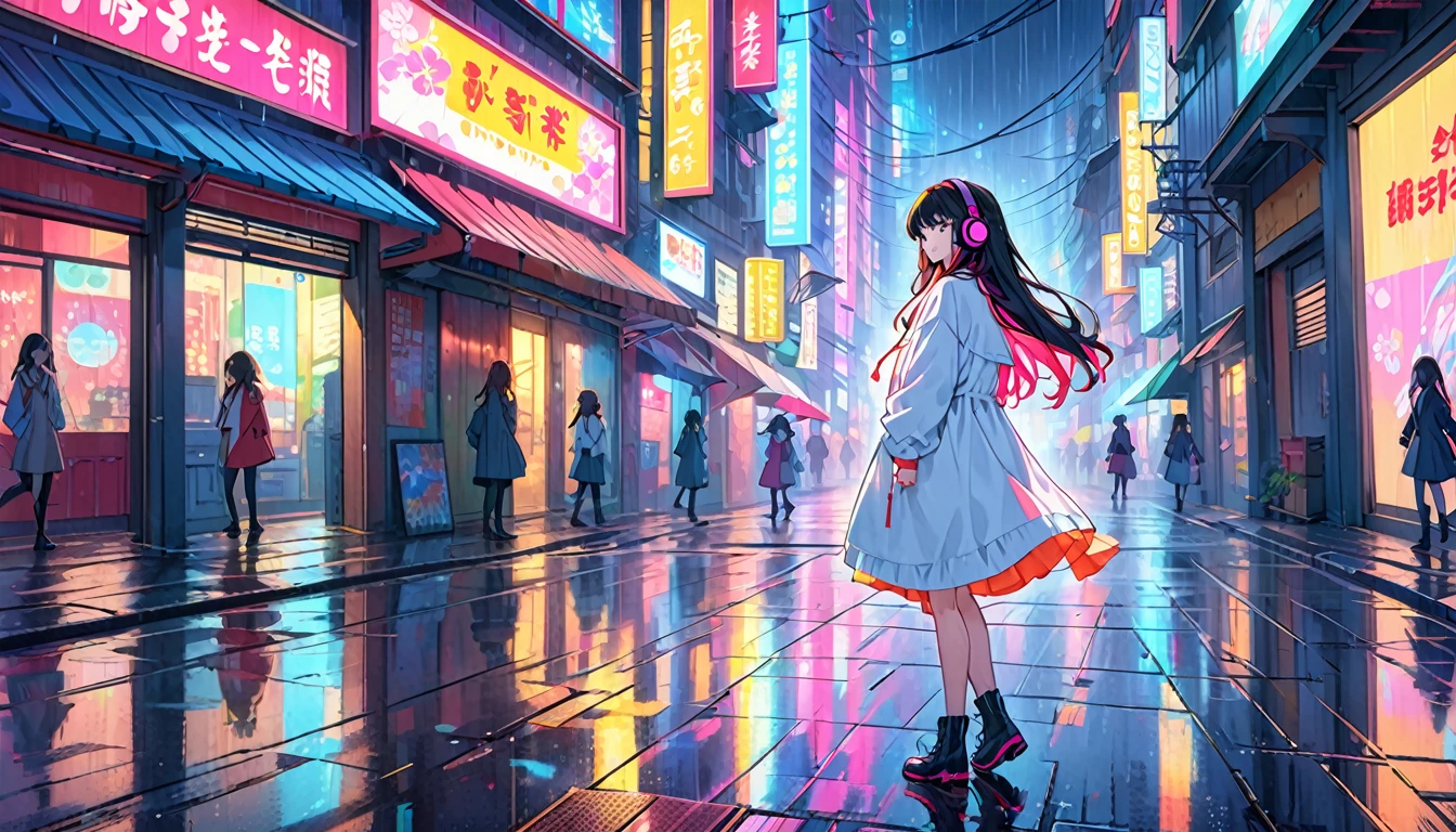 A long-haired anime-style girl walking through a neon-lit city on a rainy night, Wearing headphones. Capture the atmosphere of the city with vibrant neon lights reflected on the wet road surface. Expressing a girl's personality through facial expressions, posture, attire style, Expressing feelings of loneliness, Ponder, Or determination. Incorporating elements such as futuristic architecture, Glowing Sign, The shimmering glow of rain-soaked streets creates a cyberpunk atmosphere.