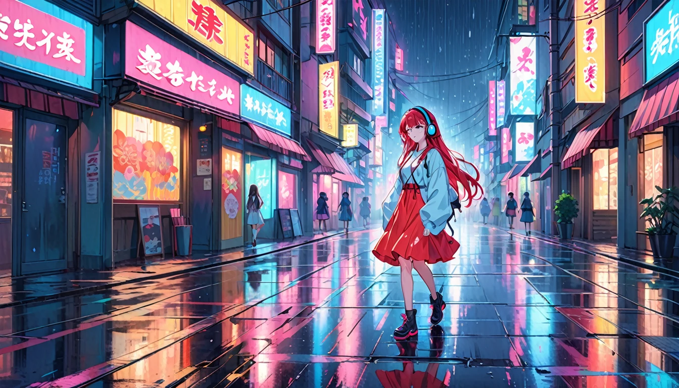 A long-haired anime-style girl walking through a neon-lit city on a rainy night, Wearing headphones. Capture the atmosphere of the city with vibrant neon lights reflected on the wet road surface. Expressing a girl&#39;s personality through facial expressions, posture, attire style, Expressing feelings of loneliness, Ponder, Or determination. Incorporating elements such as futuristic architecture, Glowing Sign, The shimmering glow of rain-soaked streets creates a cyberpunk atmosphere.
