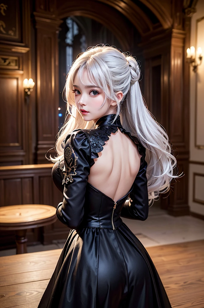 (Upper body image)((masterpiece:1.5,Highest quality,Highly detailed images,Beautiful images、Realistic、Photorealistic、2.5D))(1girl, 独奏)(Adult women、large breasts, white hair, beautiful eyes, Healthy legs、Tight ass、A little bit of her butt is visible through the slit、Beautiful cleavage)(Fantasy dresses、Fantasy Clothes、Black battle dress、black dress:1.5, Deep slit)(smile, wind, floating hair)(bright、Soft lighting、Inside the castle、The King's Chamber)from behind