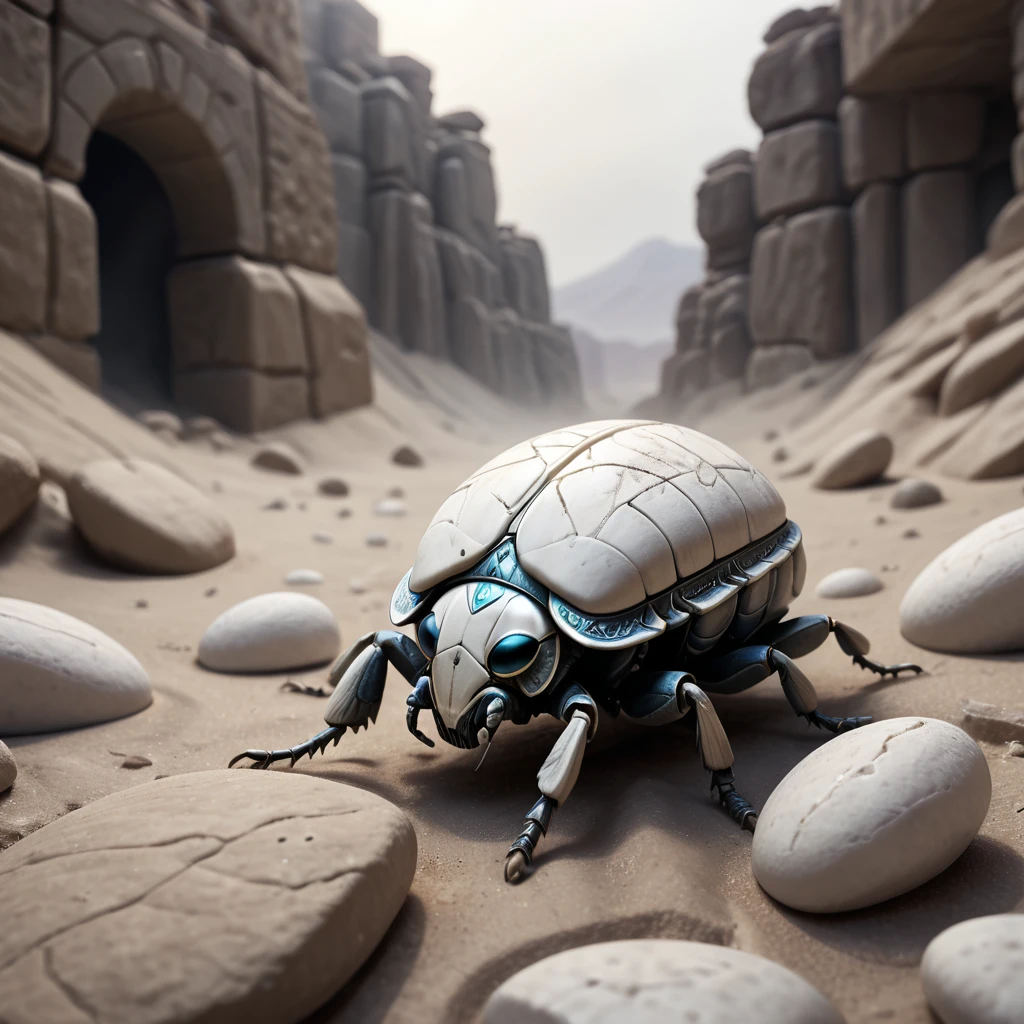 (best quality,4k,8k,highres,masterpiece:1.2),ultra-detailed,(realistic,photorealistic,photo-realistic:1.37), white stone scarab in the desert, illustration,[dark and gritty atmosphere], detailed debris, cobble walls, glowing eyes of the insect, fantasy style, white stone, lights reflecting on the scarab, cold palette, low-key lighting