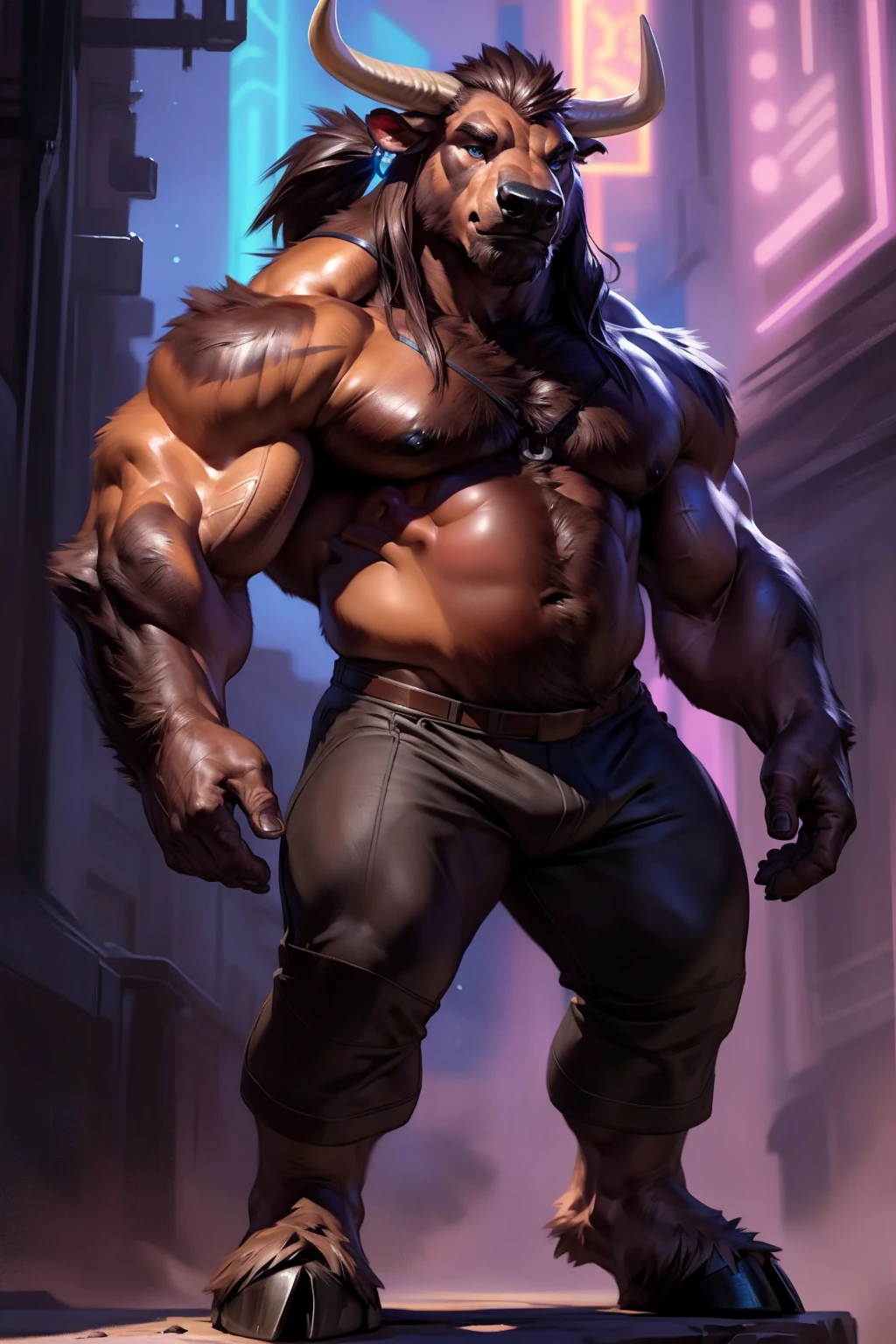 (by taran fiddler), (by darkgem:0.8), (by chunie:1), masterpiece, portrait, serious, 3/4 turned looking at viewer, (javid:1.2), 8k, ultra detail, full body, dark brownfurry body, male, solo, anthro bull, brown minotaur, (( Long dark brown hairstyle, long hair with purple dye streaks, high ponytail, dark brown bears streaked with purple)), Minotaur Hotel, Asterion from Minotaur Hotel, handsome anthro bull-face, tan horns, gauge piercing in right ear, soft features in face, dark blue eyes, no shirt, not wearing shirt, (no shirt), furry chest, huge chest, fluffy furry chest, fluffy furry abs, defined stomach, defined muscles, muscular furry body, chiseled furry, ((dark pants)), ((no logos or patches on clothing)), hulking, tall, huge body, hulk, monstrous, huge muscles, wide shoulders, black clothing, black tactical pants, tactical gear straps on pants, blacbare feet, cow hooves for feet, detailed hands, dark, neon cyberpunk background (detailed cyberpunk background at night), cyberpunk