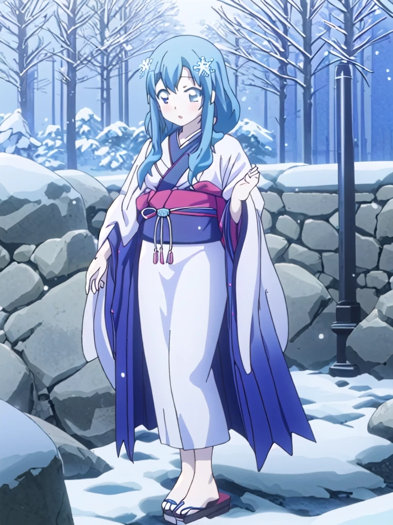 Standing portrait, full body, anime style, anime CG style, gal game CG style, pale skin, single woman, woman around 40 years old, adult woman, mature woman, pastel blue hair, long hair, standard bust, normal bust, medium bust, snowflake hair ornament, snowflake accessories, snow patterned kimono, women's geta, bare feet, masterpiece, high resolution, high quality, plain transparent background,