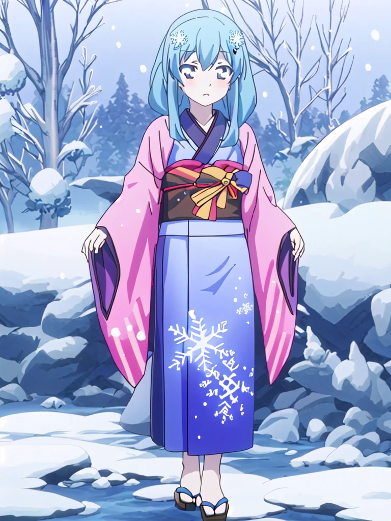 Standing portrait, full body, anime style, anime CG style, gal game CG style, pale skin, single woman, woman around 40 years old, adult woman, mature woman, pastel blue hair, long hair, standard bust, normal bust, medium bust, snowflake hair ornament, snowflake accessories, snow patterned kimono, women's geta, bare feet, masterpiece, high resolution, high quality, plain transparent background,