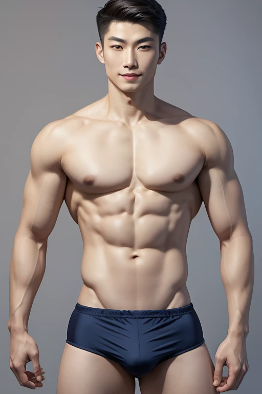best quality, masterpiece, 4K, detailed, shading, solo, 1male, perfect Chinese man (arrogant smirk), skinny body:1 ((big pecs:1), broad shoulders, (flat abdomen), small waist, thighs), (wearing speedo), ((mid-shot)), plain background