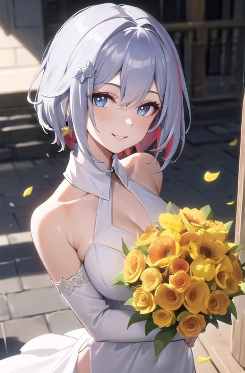 a beautiful girl with detailed features, smiling happily, wearing a bridal dress with bare shoulders, holding flowers, with topaz eyes looking directly at the viewer, masterpiece, best quality, detailed