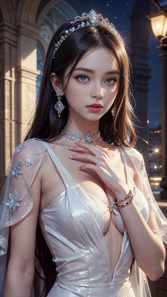 8K ultra hd, masterpiece, best quality, a beautiful girl, long hair, impressive hairstyle, royal hair jewelry, pretty cute face, flawless face, jewellery earrings, antique jewellery, details eyes, beautiful eyes, meticulous makeup, thin eyebrows, beautiful detailed lips, medium breasts, princess dress, white dress, light white laces, choker, ((mesh dress)), realistic colors, magic effect, night background, look directly at the audience,