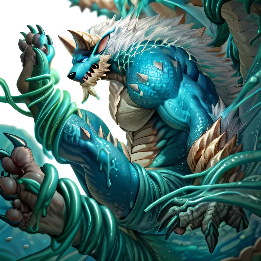 anthropology,(zinogre:1.2),Tail,((whole body,blue eyes, Blue body, White furry, Yellow Hand, Feet, Blue face,4 toes,Tail )),,muscular, whole body, (author:null-ghost,From raccoon21,masterpiece,high quality), Night Fight,((boundary)), rest (((Slime monster uses tentacles to fight dragon)),4 toes,struggle, (pain:1.3),frown,annoyed, Worry,