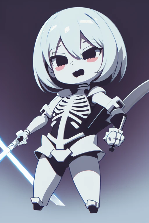 pop pop pop,skeleton,cute cute cute,cartoon character,chibi character,Break holding a sword in right hand,Break masterpiece,best quality,super detailed,super fine illustration,8k quality,anime style,detailed background,beautiful background,Break in casle,