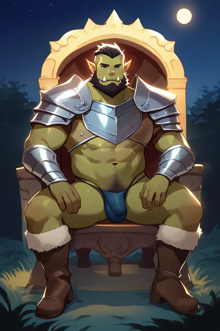 score_9, score_8_up, score_7_up, solo, male focus, mature male, orc, green skin, tusks, beard, outdoors, micro armor , shoulder armor, breastplate, upper body, closed mouth, pauldrons, night, night sky , (( micro-thong:_Pattern_designs_thongs_perspire_massive pec_Get wet all over your body)) , full body , boots , bulge , laying spread legs , legs up