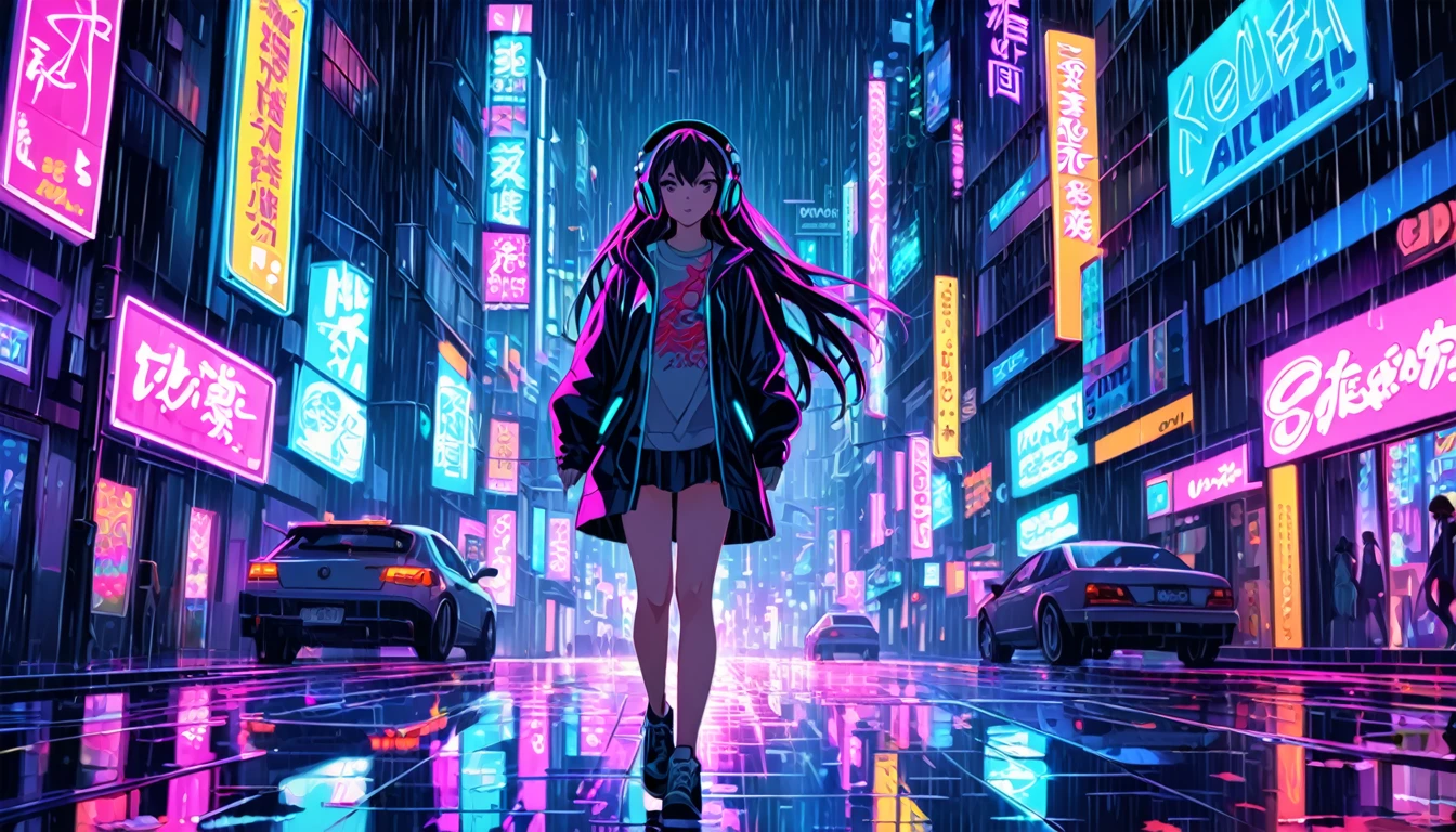 I draw an anime-style long-haired girl walking through a neon-lit city on a rainy night, Wearing headphones. Capture the atmosphere of the city with vibrant neon lights reflected on the wet road surface. Expressing a girl&#39;s personality through facial expressions, posture, attire style, Expressing feelings of loneliness, Ponder, Or determination. Incorporating elements such as futuristic architecture, Glowing Sign, The shimmering glow of rain-soaked streets creates a cyberpunk atmosphere..
information
