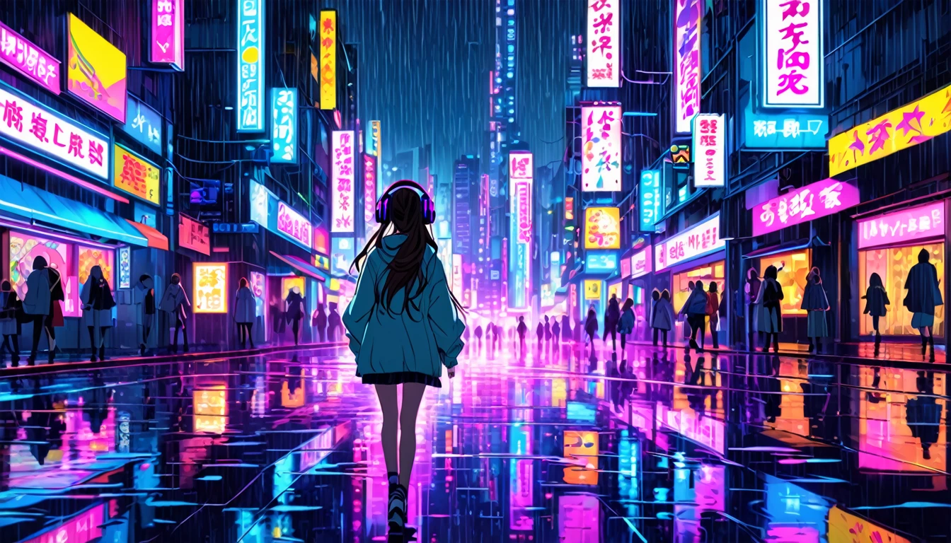 I draw an anime-style long-haired girl walking through a neon-lit city on a rainy night, Wearing headphones. Capture the atmosphere of the city with vibrant neon lights reflected on the wet road surface. Expressing a girl&#39;s personality through facial expressions, posture, attire style, Expressing feelings of loneliness, Ponder, Or determination. Incorporating elements such as futuristic architecture, Glowing Sign, The shimmering glow of rain-soaked streets creates a cyberpunk atmosphere..
information
