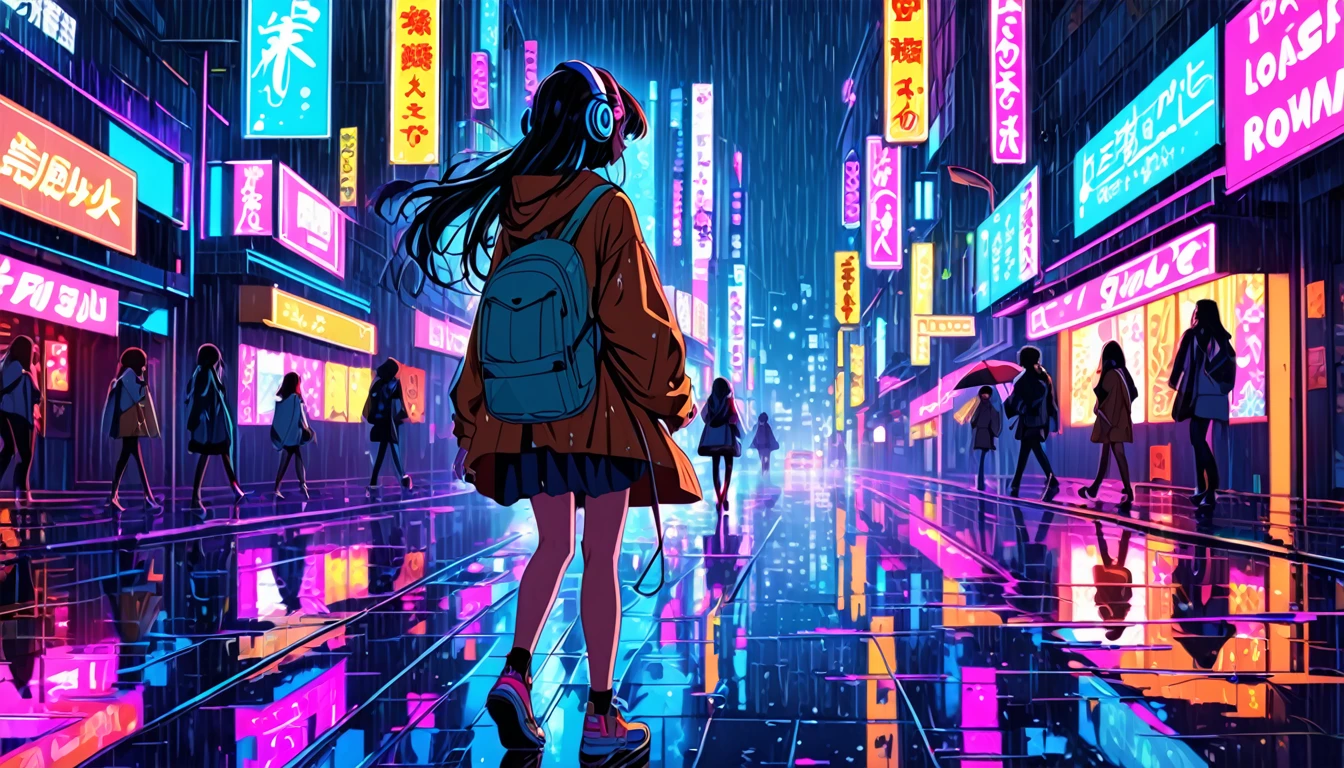 I draw an anime-style long-haired girl walking through a neon-lit city on a rainy night, Wearing headphones. Capture the atmosphere of the city with vibrant neon lights reflected on the wet road surface. Expressing a girl's personality through facial expressions, posture, attire style, Expressing feelings of loneliness, Ponder, Or determination. Incorporating elements such as futuristic architecture, Glowing Sign, The shimmering glow of rain-soaked streets creates a cyberpunk atmosphere..
information