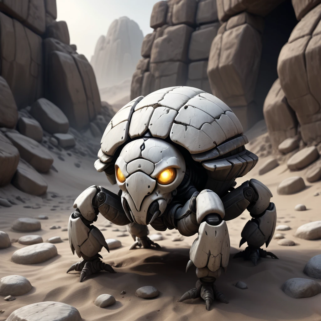 (best quality,4k,8k,highres,masterpiece:1.2),ultra-detailed,(realistic,photorealistic,photo-realistic:1.37), white stone scarab golem in the desert, illustration,[dark and gritty atmosphere], detailed debris, cobble walls, glowing eyes of the insect, fantasy style, cracked white stone, lights reflecting on the scarab, cold palette, low-key lighting