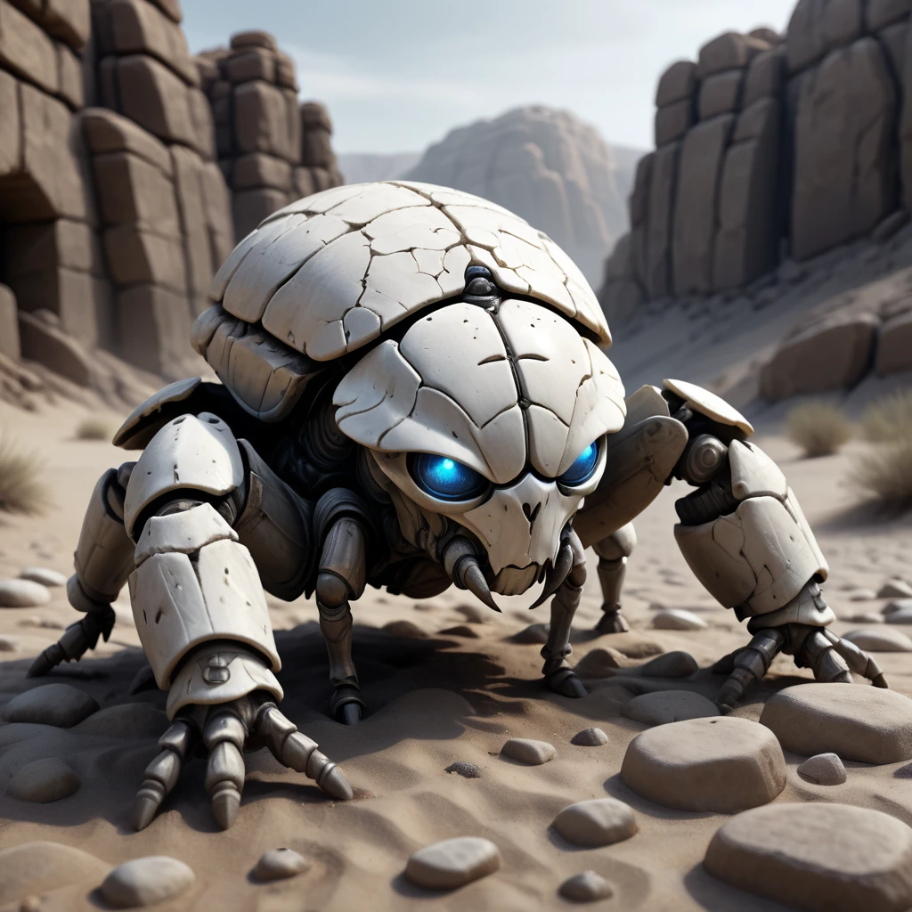 (best quality,4k,8k,highres,masterpiece:1.2),ultra-detailed,(realistic,photorealistic,photo-realistic:1.37), white stone scarab golem in the desert, illustration,[dark and gritty atmosphere], detailed debris, cobble walls, glowing eyes of the insect, fantasy style, cracked white stone, lights reflecting on the scarab, cold palette, low-key lighting
