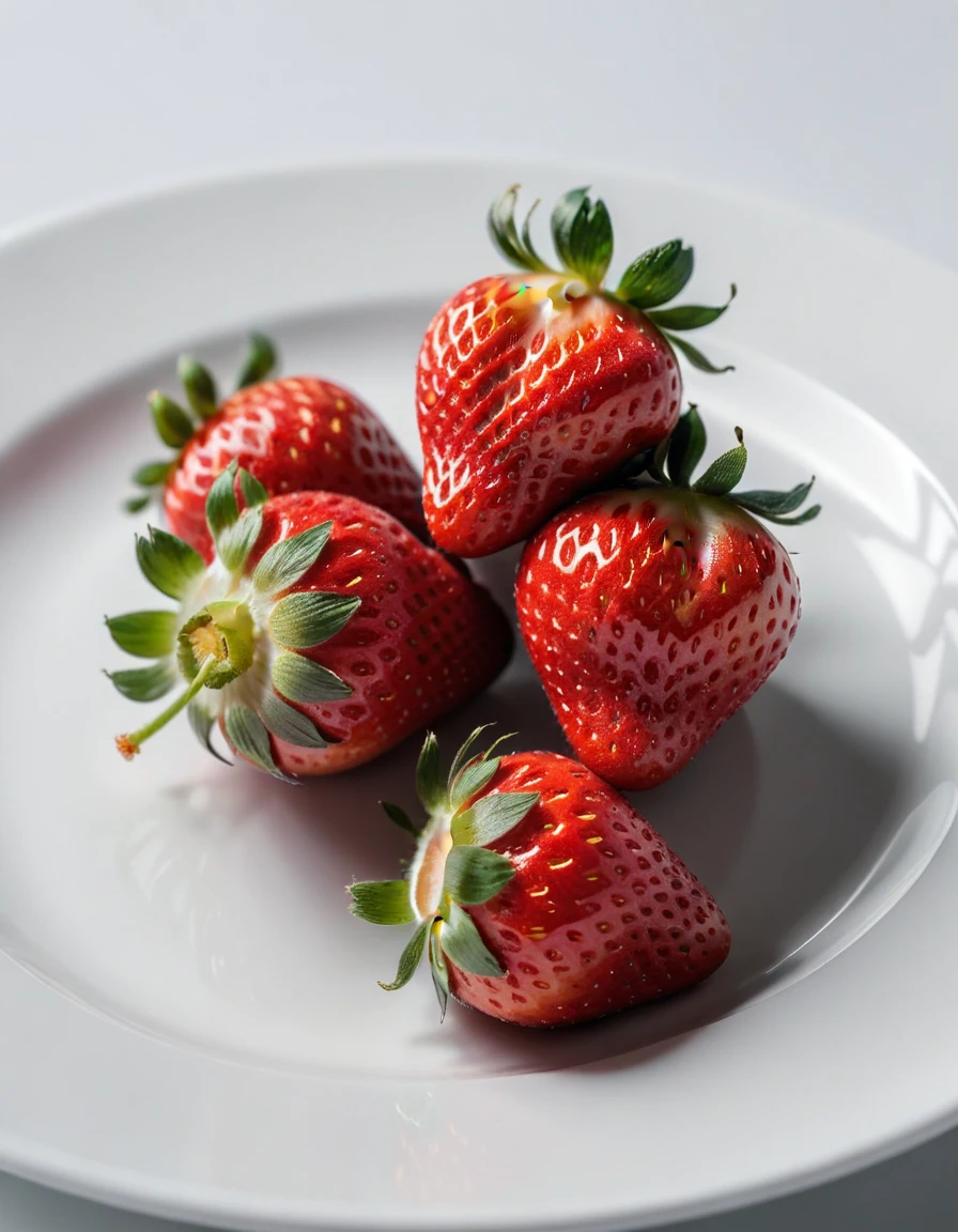 (strawberry berry on a white plate), closeup, macroscopic photo, hyperdetalization, hyperrealism, beautiful foreshortening, cinematic, glow, reflexes, illuminated ((dominant three colors))