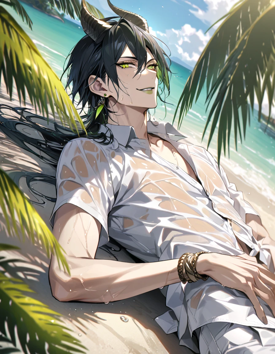 ((masterpiece:1.4, best quality)), (Ultra detailed background), 1boy, handsome man, highly detailed beautiful face and eyes, white hair, beautiful eyes, (sharp detail:1.3), shiny, earrings, bracelet, (wet clothes:1.3), Shirts, Bari, Cebu Island, plumeria, near the beach, stretch,lie on one's back, dynamic angle, malleus draconia (twisted wonderland) horns, bishounen, boy, male, yana Toboso style, long hair, black hair, yellow green eyes, smile, gray lips, handsome, skinny, tall, yellow green glow,