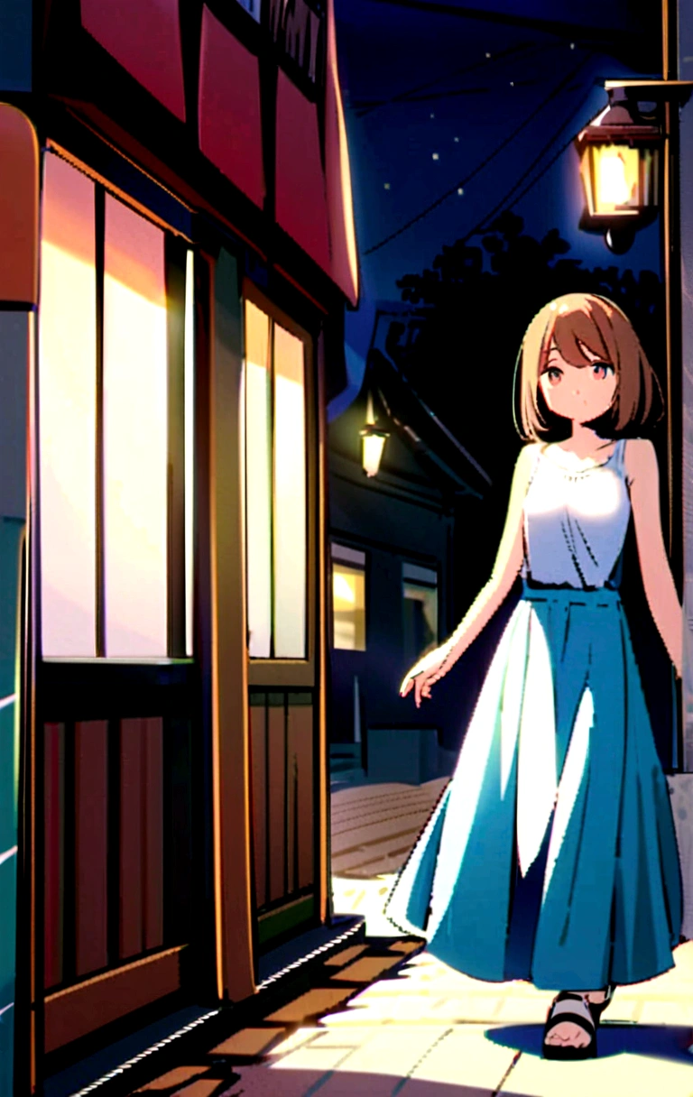 A beautiful young fair girl sitting in a outside chairin a  beautiful cafe near street lamps and flowers  wearing light blue knee length skirt with  top wearing sandals her long brown hairs animated drawing 