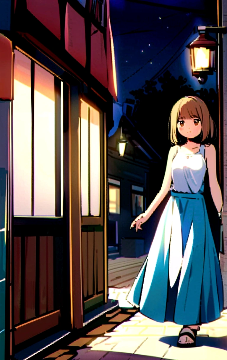 A beautiful young fair girl sitting in a outside chairin a  beautiful cafe near street lamps and flowers  wearing light blue knee length skirt with  top wearing sandals her long brown hairs animated drawing 