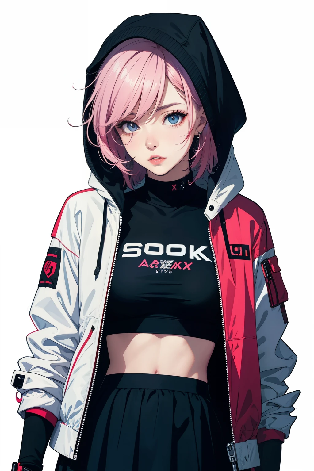 Create an anime-styled digital artwork featuring a cyberpunk inspired girl with pink hair wearing a white jacket and a black skirt. The first artwork should be in 4k resolution and depict the girl in a hoodie, giving off cyberpunk vibes. The second artwork should be in 8k resolution, showcasing an anime art wallpaper with a cyberpunk girl. Both artworks should have a high-quality anime artstyle and feature a portrait of a space cadet girl.