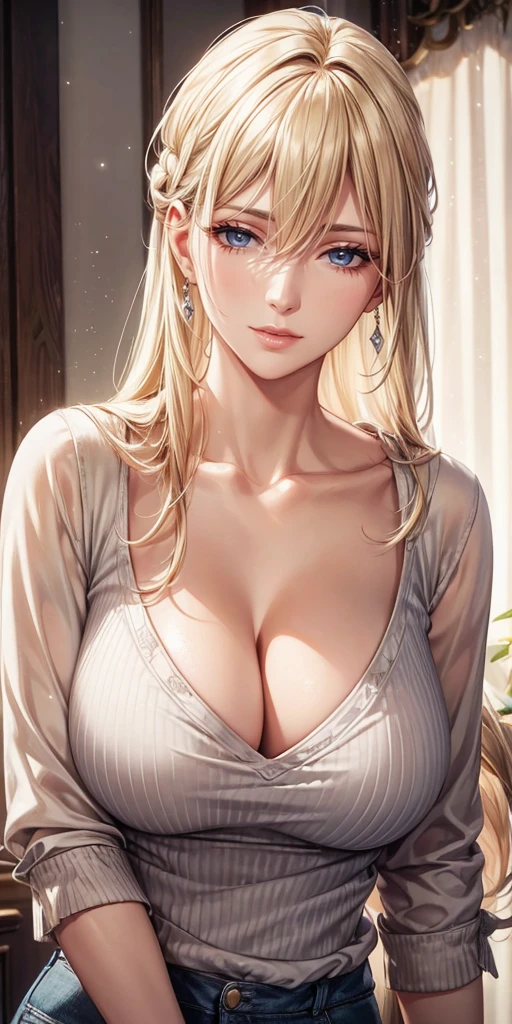 Realistic, Elegant mature woman, blue eyes, blonde hair, casual clothes, soft light, high detailed, 4k resolution, high quality, beautiful cg