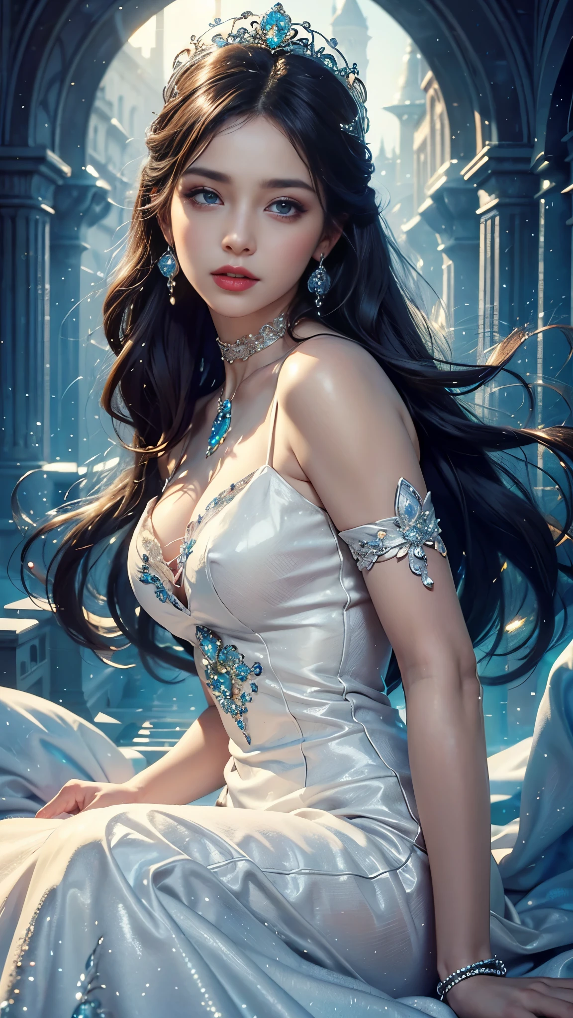 8K ultra hd, masterpiece, best quality, a beautiful girl, long hair, impressive hairstyle, royal hair jewelry, pretty cute face, flawless face, jewellery earrings, antique jewellery, details eyes, beautiful eyes, meticulous makeup, thin eyebrows, beautiful detailed lips, medium breasts, princess dress, white dress, light white laces, choker, ((mesh dress)), realistic colors, magic effect, night background, look directly at the audience,