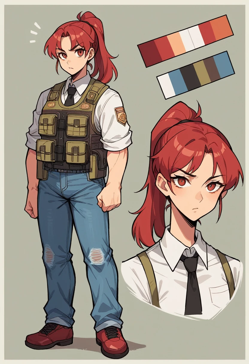 (a tie) ((work of art, best qualityer)) (character design sheet, Same character, 正面, boku, rug, with words written around it) A woman with long, red hair and ponytail hairstyle, eyes browns, wearing a bulletproof vest, a long-sleeved t-shirt with a closed zipper, a white shirt and jeans, rugpack, standing relaxing