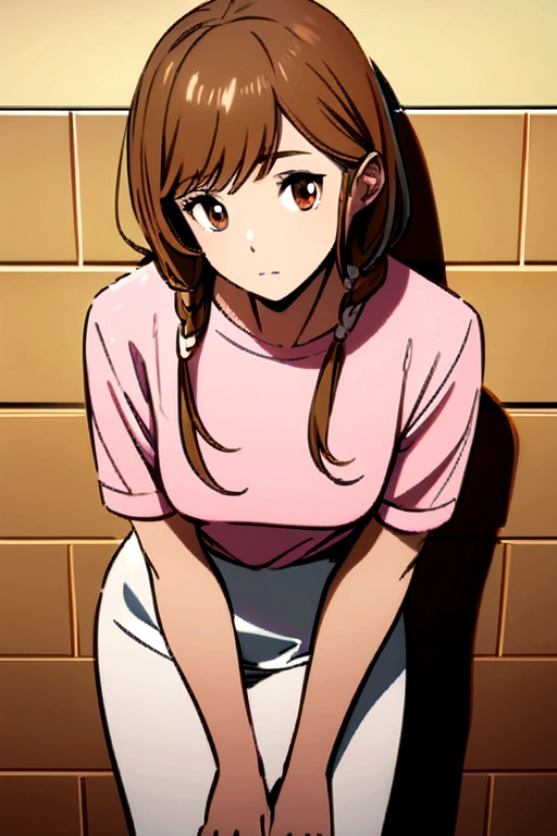 Honey brown eyes , brownet hair colour , slim curvy body , pink and white casual cute clothes, leaning on a wall