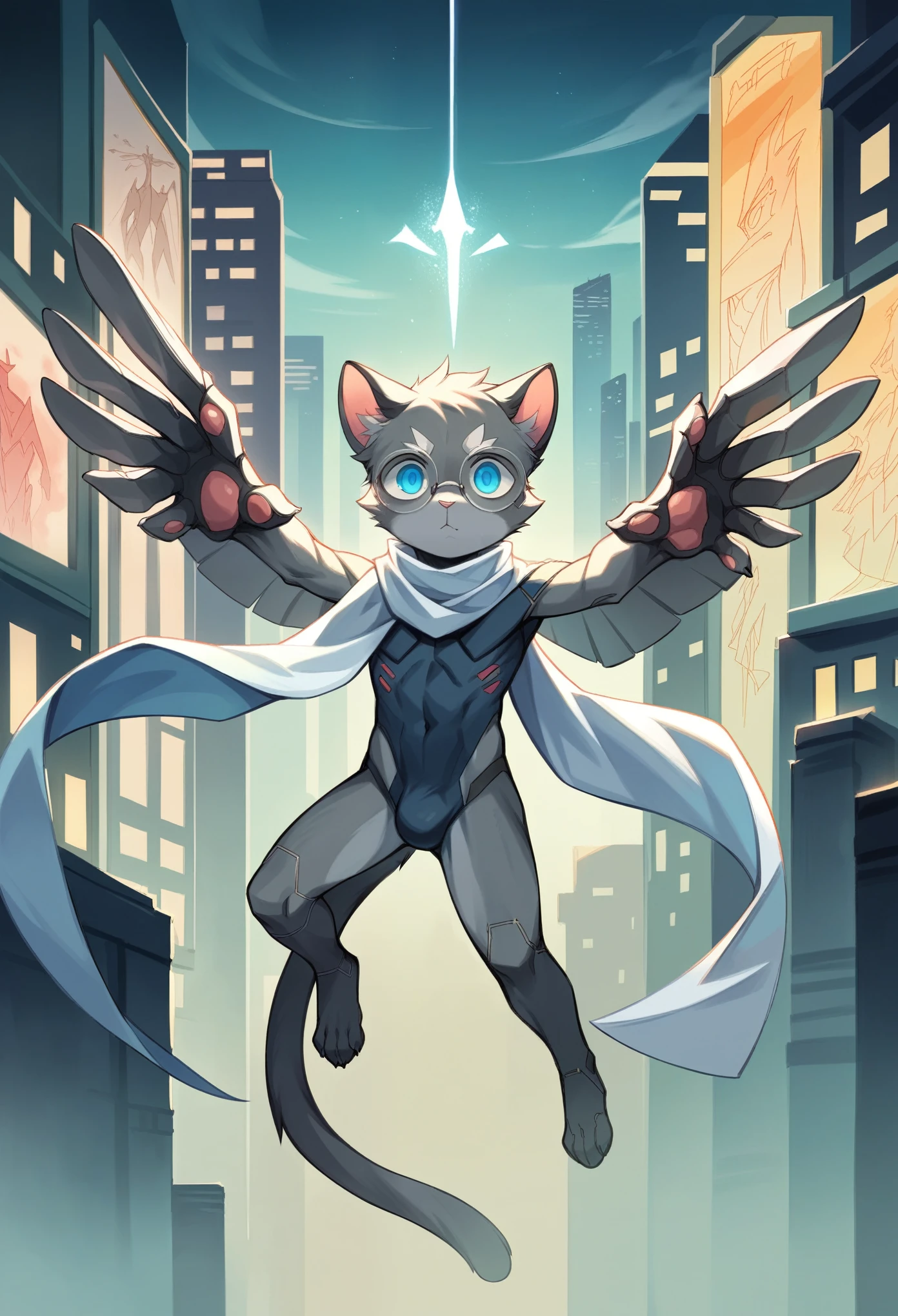 Highest quality, delicate painting style, delicate hook line, masterpiece, delicate skin, delicate hair, complete painting, masterpiece, delicate hands, delicate eyes, normal eyes, gray cat ears, furry, black frame round glasses, blue eyes, handsome, ((white scarf)), cat style, Shota, cyberpunk, blue pupils, city night view, gray crystal wings, mottled light and shadow, boy, bright eyes of God. , crystal shards in the air, cities, gray fur