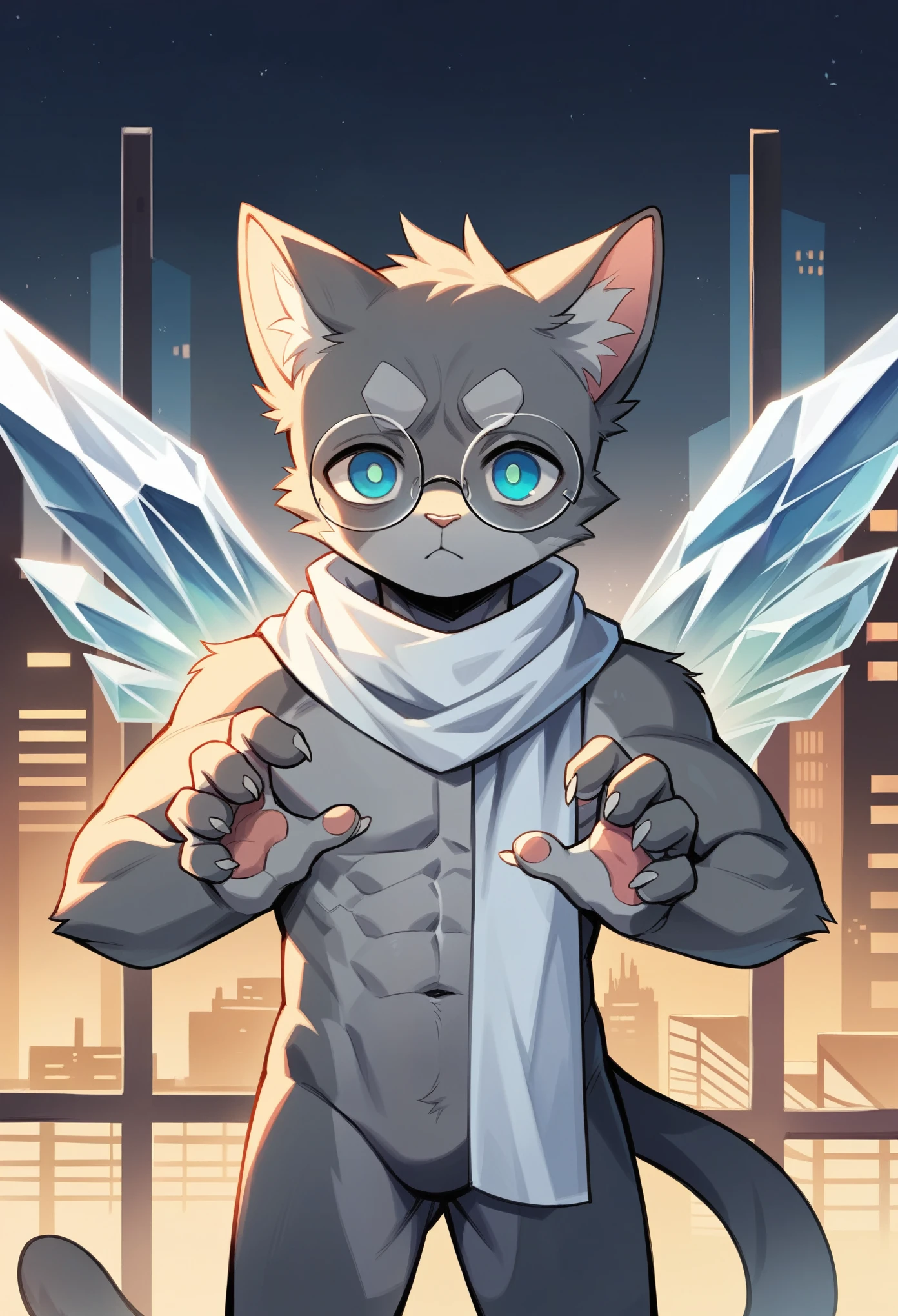 Highest quality, delicate painting style, delicate hook line, masterpiece, delicate skin, delicate hair, complete painting, masterpiece, delicate hands, delicate eyes, normal eyes, gray cat ears, furry, black frame round glasses, blue eyes, handsome, ((white scarf)), cat style, Shota, cyberpunk, blue pupils, city night view, gray crystal wings, mottled light and shadow, boy, bright eyes of God. , crystal shards in the air, cities, gray fur