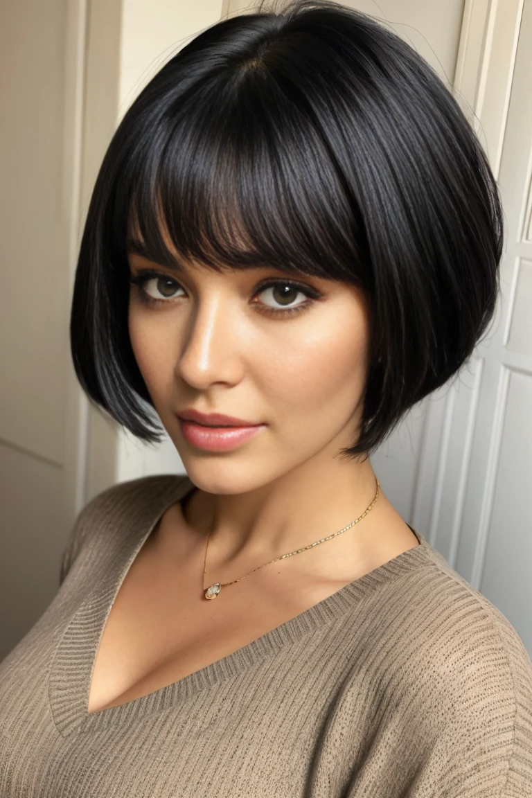 style:absolute | Jean gorgeous face short black hair , as a 45_old woman, glamur big hips, tan_skin, oiled_body, pouting lips, black hair, hair_bun, bangs, spanish, greek,czarny sweater with a large neckline , highly-detailed, , thick_lips, lush_lashes, , almond_eyes, cleavage Big breast