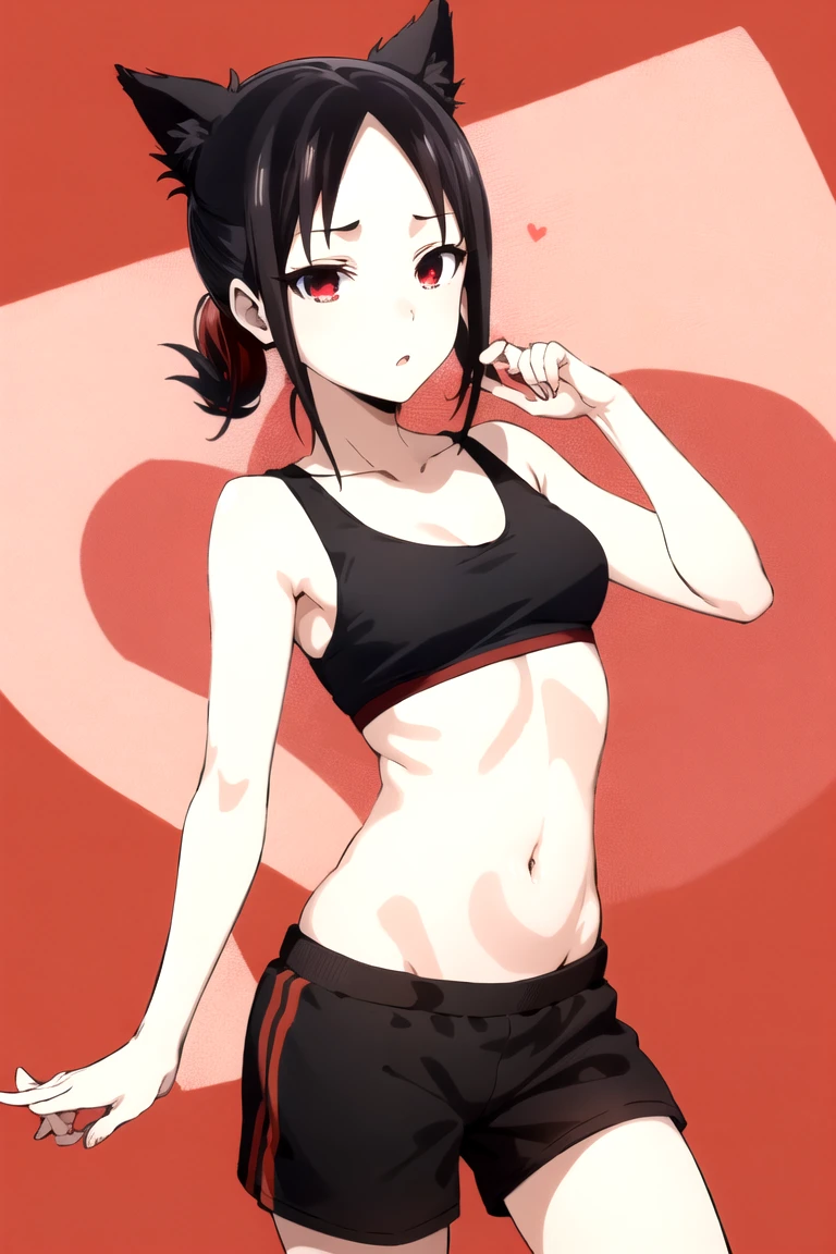 Shinomiya Kaguya, Shinomiyakaguya, Red eyes, small breasts, list brook, black fur, Red eyes, black sports bra, black sports shorts, black sports shorts pequeños