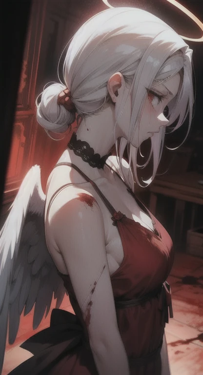 Sweating, angel, halo, town, dress, blood everywhere, angel covered in blood, looking at viewer pissed, side view,