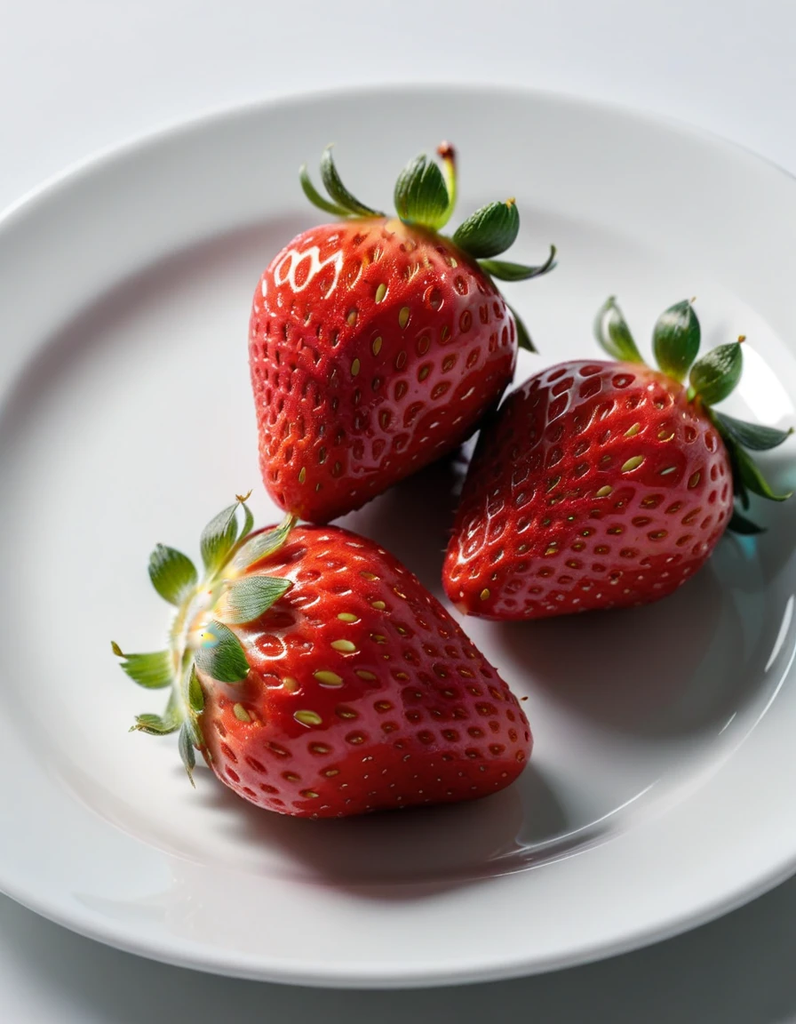(strawberry berry on a white plate), closeup, macroscopic photo, hyperdetalization, hyperrealism, beautiful foreshortening, cinematic, glow, reflexes, illuminated ((dominant three colors))