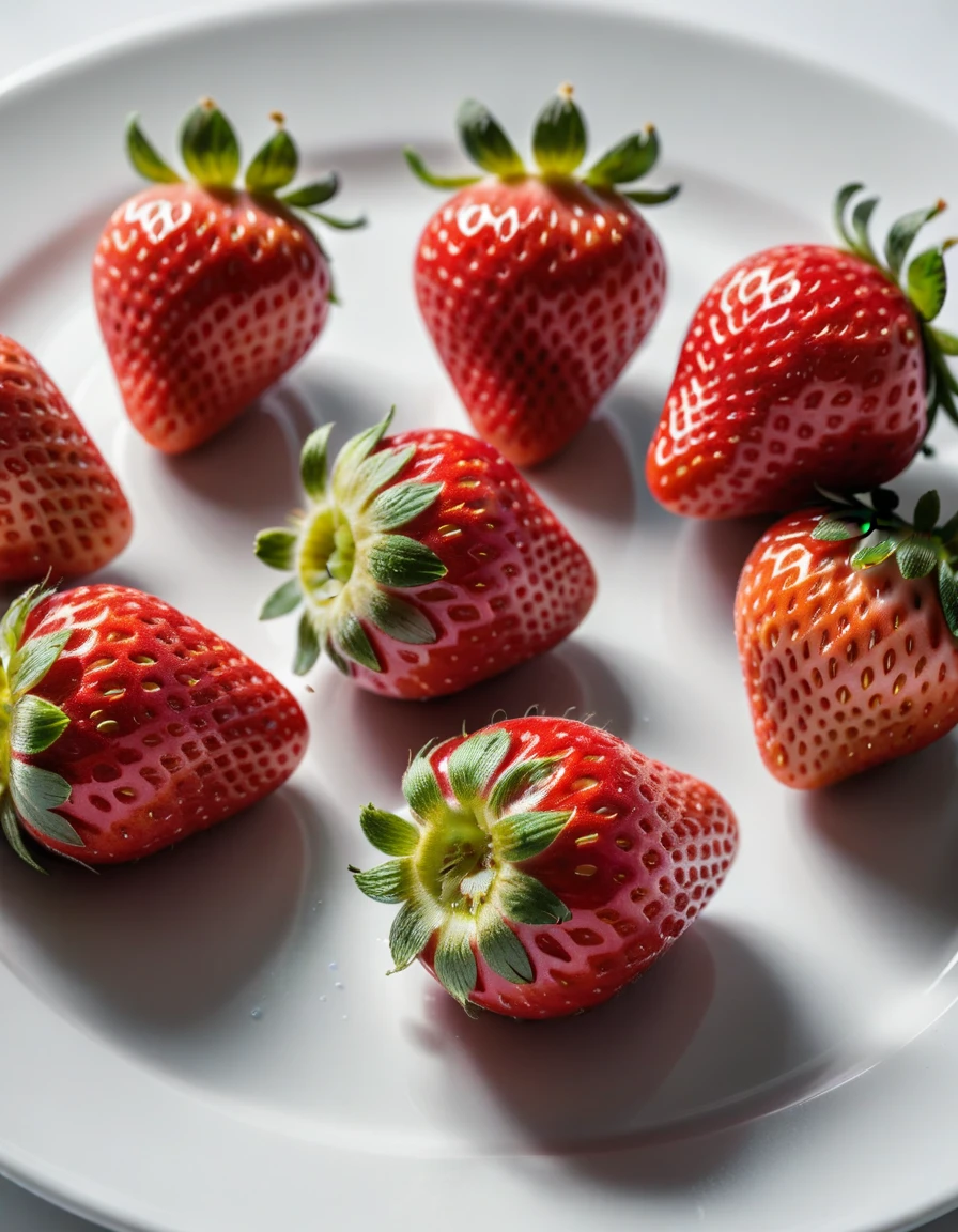 (strawberry berry on a white plate), closeup, macroscopic photo, hyperdetalization, hyperrealism, beautiful foreshortening, cinematic, glow, reflexes, illuminated ((dominant three colors))