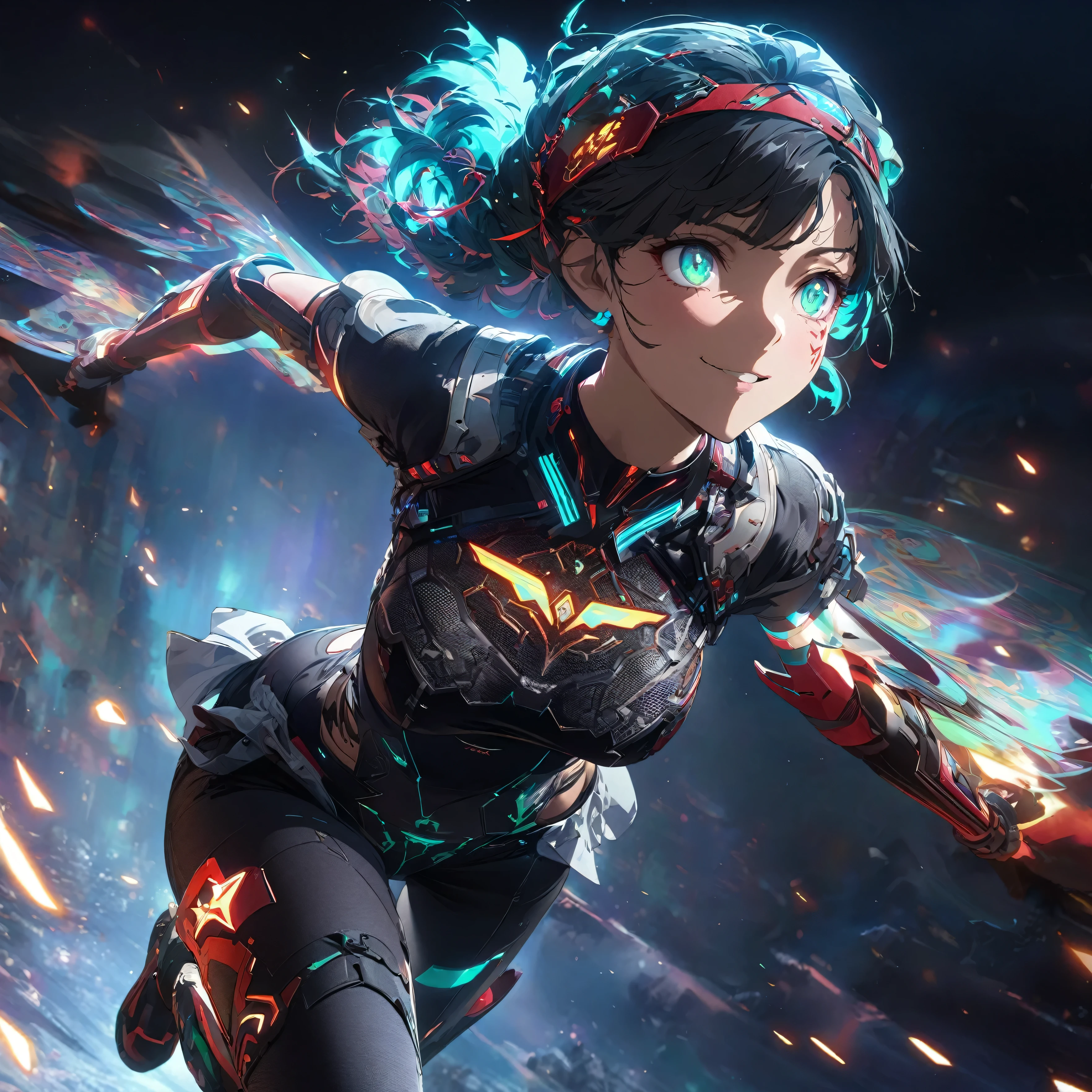 Create an image of a girl with super power. Include a dark and dramatic background with sparks illuminating the surroundings to hint at her power theme. Pose her dynamically to reflect agility and readiness, with a cheerful facial expression featuring bright eyes and a wide smile. Dress her in casual clothing transformed to be unique with fantasy-cyberpunk elements, (nude:0.8), including a fitted, futuristic top with glowing emblems, sleek high-tech gauntlets with glowing runes, form-fitting pants with intricate designs, futuristic boots with subtle illumination, and an elaborate hairstyle with glowing highlights and a headband or hairpiece with embedded runes. Use a color scheme of dark tones with accents of fiery red, electric blue, and glowing green, and consider adding floating energy orbs around her to symbolize her evasion ability, detailed gorgeous face| anime style| key visual| intricate detail| highly detailed| breathtaking| vibrant| panoramic| cinematic| Carne Griffiths| Conrad Roset| gibbli 8k