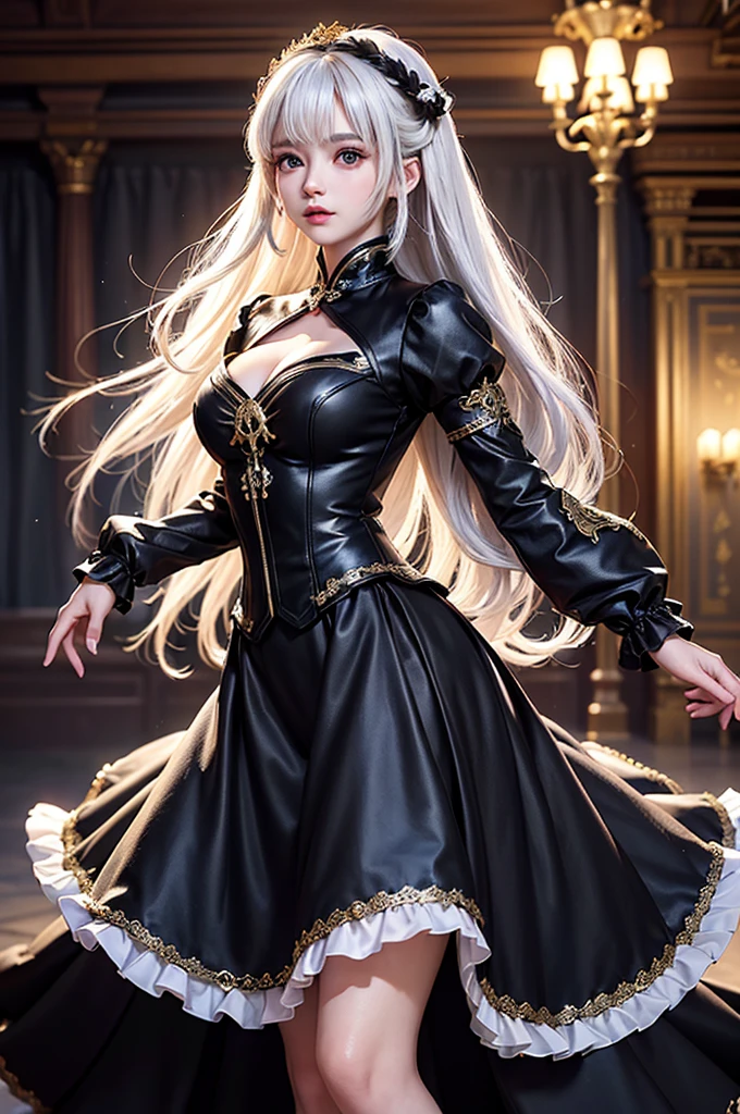 (Upper body image)((masterpiece:1.5,Highest quality,Highly detailed images,Beautiful images、Realistic、Photorealistic、2.5D))(1girl, 独奏)(Adult women、large breasts, white hair, beautiful eyes, Healthy legs、Tight ass、A little bit of her butt is visible through the slit、Beautiful cleavage)(Fantasy dresses、Fantasy Clothes、Black battle dress、black dress:1.5, Deep slit)(smile, wind, floating hair)(bright、Soft lighting、Inside the castle、The King's Chamber）