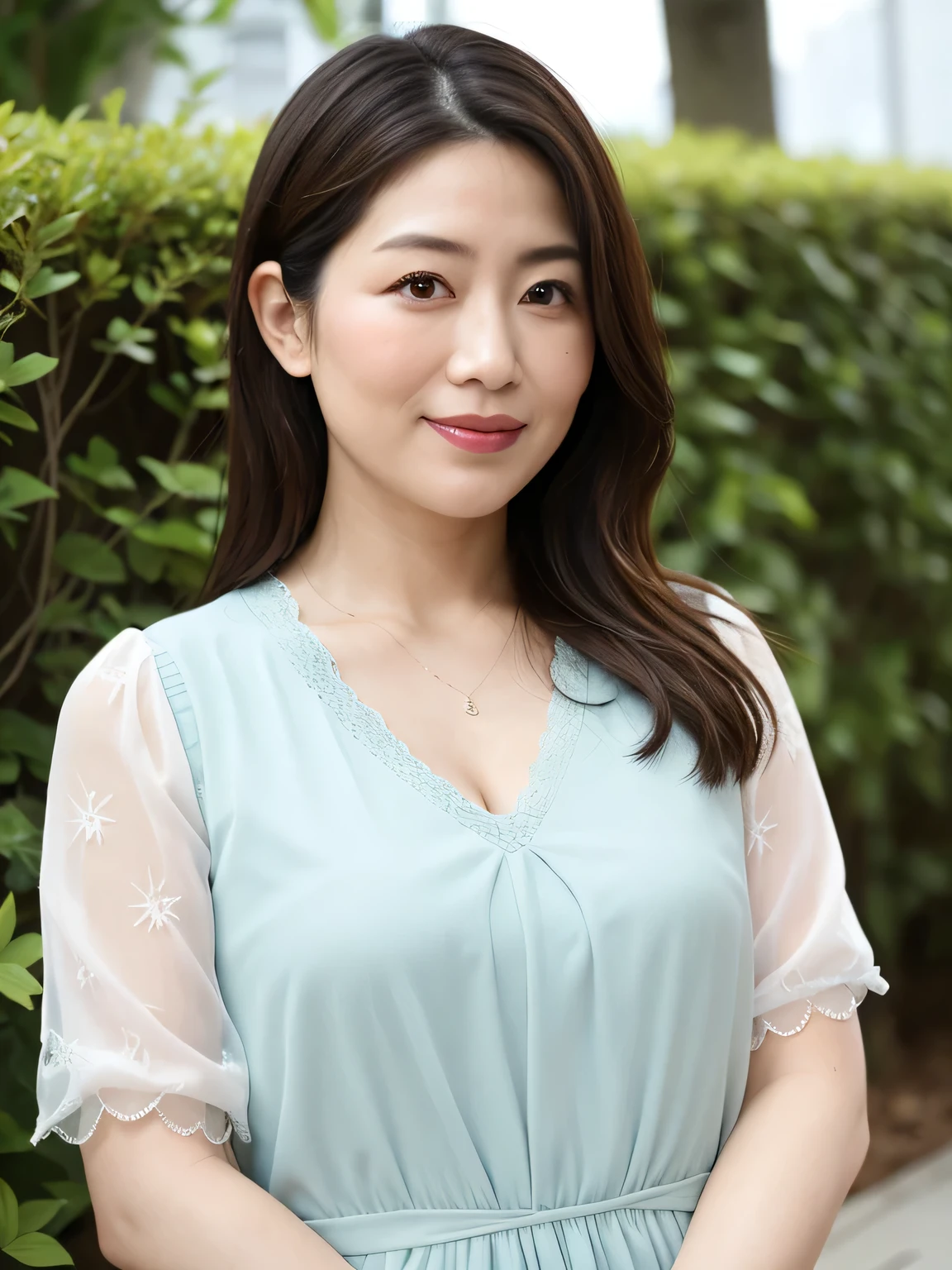 最high quality, 8K, masterpiece, Tatsuma, Sharp focus, high quality, High resolution, Detailed face, Fine grain, Thick lips, (View your viewers), alone, Beautiful woman, Age 35, plump, Beautifully groomed hair, Cleavage, A colorful see-through short dress with a sexy, sheer look and vibrant colors, Afternoon in front of the park garden, Bodies facing random directions,