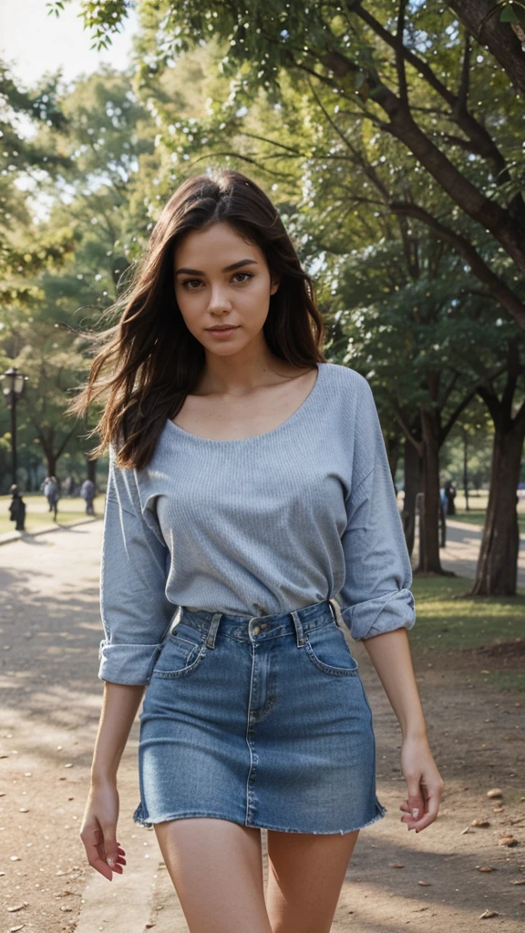 Draw a woman in a denim skirt and top walking through the park.