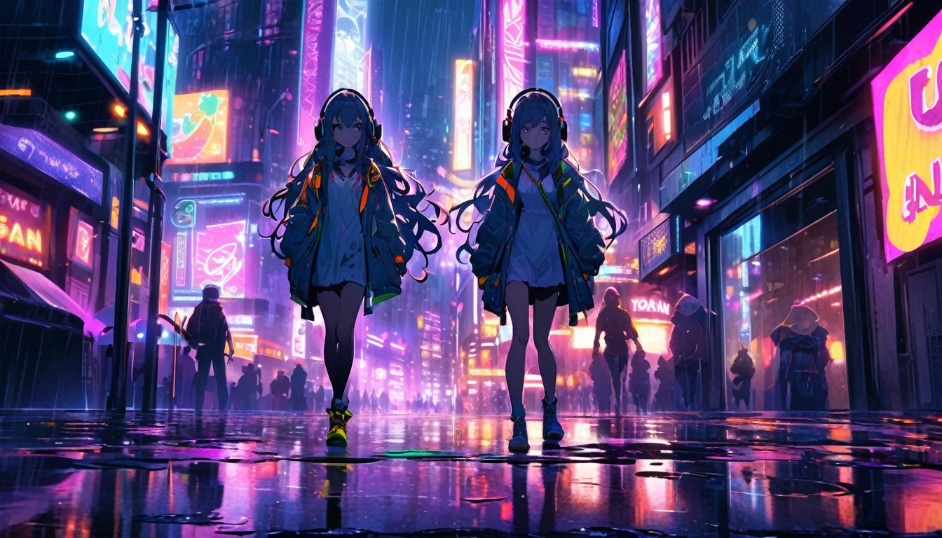 I draw an anime-style long-haired girl walking through a neon-lit city on a rainy night, Wearing headphones. Capture the atmosphere of the city with vibrant neon lights reflected on the wet road surface. Expressing a girl's personality through facial expressions, posture, attire style, Expressing feelings of loneliness, Ponder, Or determination. Incorporating elements such as futuristic architecture, Glowing Sign, The shimmering glow of rain-soaked streets creates a cyberpunk atmosphere..