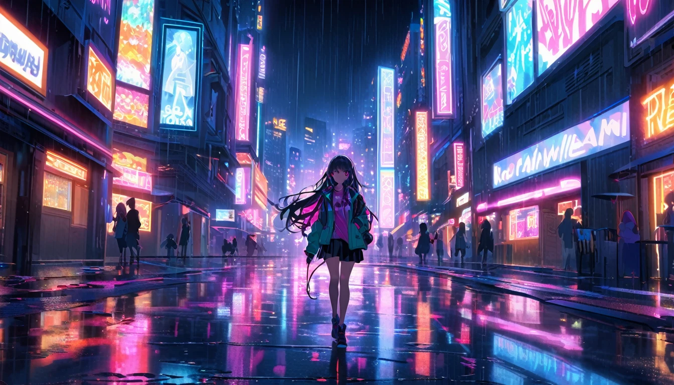 I draw an anime-style long-haired girl walking through a neon-lit city on a rainy night, Wearing headphones. Capture the atmosphere of the city with vibrant neon lights reflected on the wet road surface. Expressing a girl's personality through facial expressions, posture, attire style, Expressing feelings of loneliness, Ponder, Or determination. Incorporating elements such as futuristic architecture, Glowing Sign, The shimmering glow of rain-soaked streets creates a cyberpunk atmosphere..