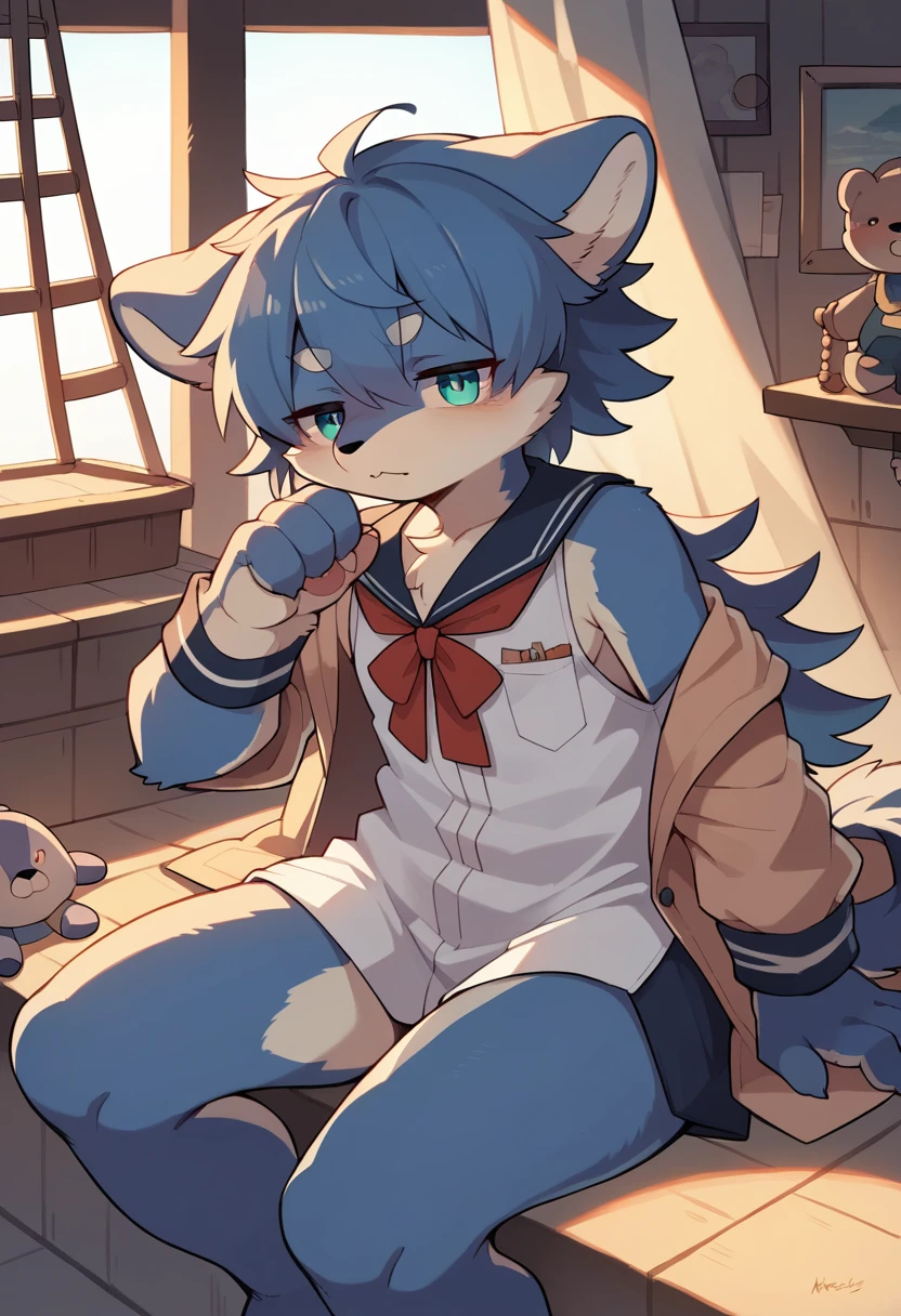 cover page, highres, top quality, best quality, paid reward available, unparalleled masterpiece, perfect artwork, absurdres, High-quality illustrations, super high resolution, detailed background, perfect anatomy(1girl, kemono, furry anthro, kemono, sleepy eyes)many stuffed animals sitting in room with ship in the background, cinematic lighting,