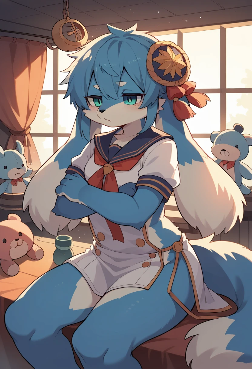 cover page, highres, top quality, best quality, paid reward available, unparalleled masterpiece, perfect artwork, absurdres, High-quality illustrations, super high resolution, detailed background, perfect anatomy(1girl, kemono, furry anthro, kemono, sleepy eyes)many stuffed animals sitting in room with ship in the background, cinematic lighting,