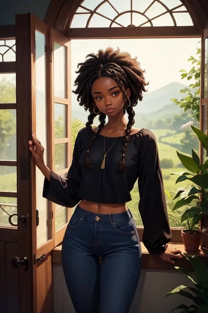 very dark-skinned Black girl, afro braided hair, taking a mirror picture, cozy room view, cozy warm lights, nature, student environment, delicate and elegant. cozy room with plants and books. By window with big countryside view. stylish fashion, best quality, realistic, masterpiece