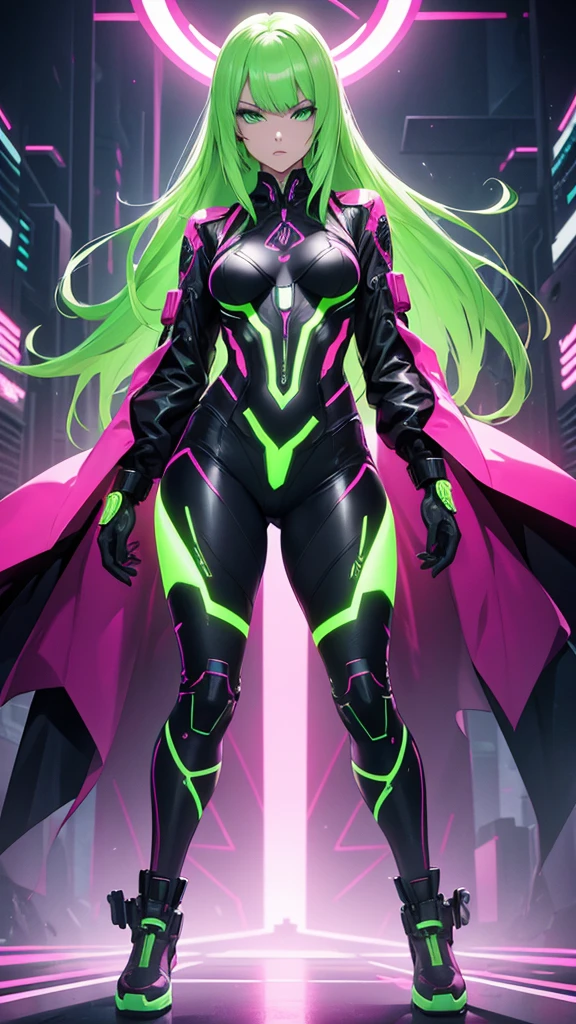 A woman in neon pink cybernetic outfit masterpiece, highest quality, (solo focus), (perfect face:1.1), (full body), (high detail:1.1), (hyper detailed eyes), dramatic, a woman with pale skin and long voluminous dark green hair, green eyes, solo, long hair, arrogant expression, heels, detailed background, art by artgerm, cinematic lighting, fashion, BalenciagaStyle, No Background