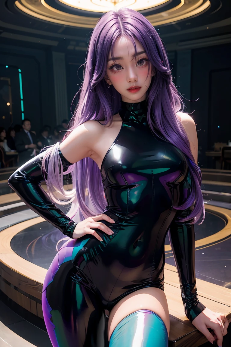 Masterpiece, best quality, 1girl, with long flowing iridescent hair in shades of purple, blue, and green, wearing a sleek black bodysuit, standing in a dramatic pose with one hand on her hip and the other holding a glowing, magical crystal ball. In the background, a swirling vortex of light and energy adds to the mysterious and enchanting atmosphere of the scene. glow hair, multicolor hair