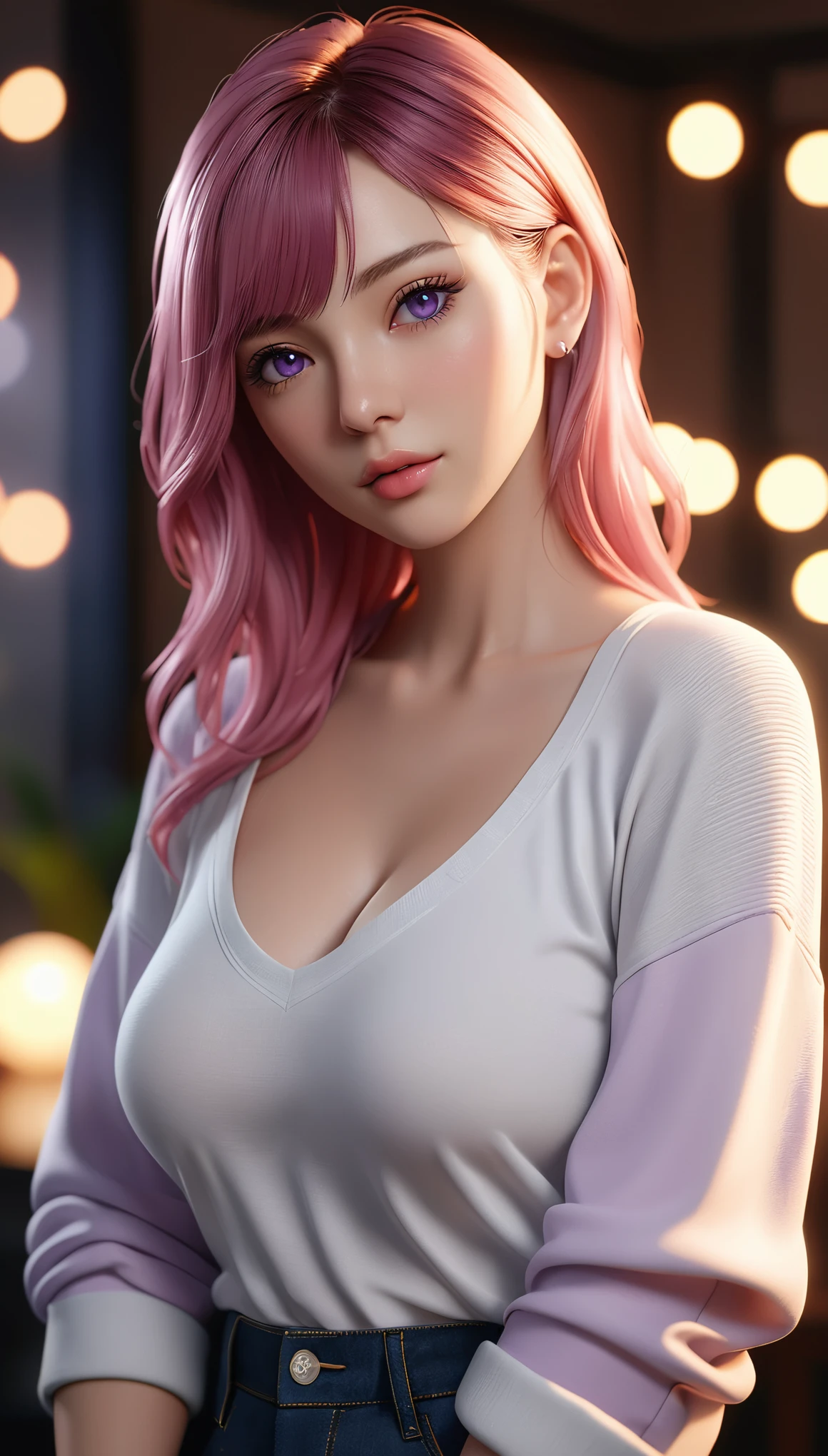 best quality, masterpiece, High resolution, portrait, actual, Purple Eyes, Pink hair, Large Breasts, 8K resolution, high qualityCG, Beautiful CG, Soft Light, fashion brand image, Fashionable and casual, The Tyndall effect, lifelike, studio, Side lighting, (HD Skin:1.2), 8K超高清, sex, high quality, Volumetric lighting, confess, photography, 超High resolution, 8K, Bokeh, Shallow depth of field