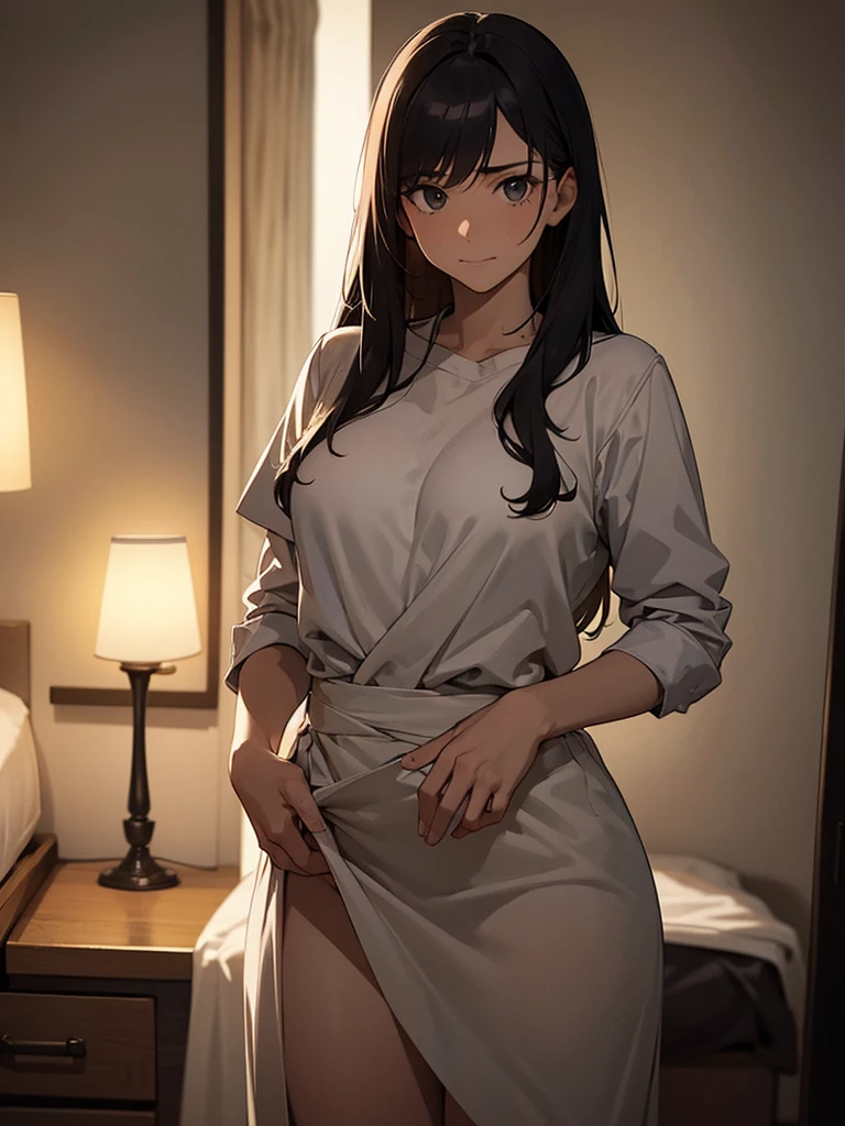 (masterpiece、top-quality、hight resolution), In a dimly lit hotel room, a man sits on the edge of the bed, looking shocked and uncomfortable. Standing in front of him is a woman dressed as an escort, who he quickly recognizes as the delinquent girl who used to bully him in school. Her expression is a mix of surprise and amusement as she realizes who he is. She stands with one hand on her hip and a teasing smile on her face, clearly enjoying his discomfort. The room is simple, with a bed, nightstand, and dim lighting, creating an intimate yet tense atmosphere. The focus is on their facial expressions and body language, highlighting the awkward and unexpected reunion. nsfw