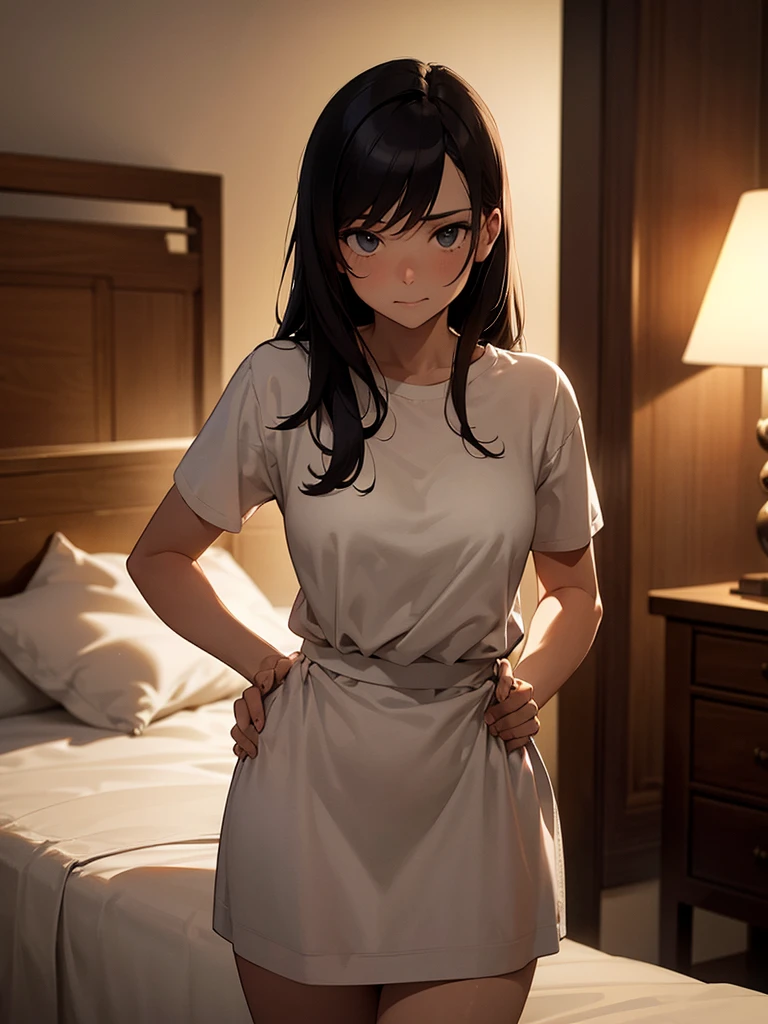 (masterpiece、top-quality、hight resolution), In a dimly lit hotel room, a man sits on the edge of the bed, looking shocked and uncomfortable. Standing in front of him is a woman dressed as an escort, who he quickly recognizes as the delinquent girl who used to bully him in school. Her expression is a mix of surprise and amusement as she realizes who he is. She stands with one hand on her hip and a teasing smile on her face, clearly enjoying his discomfort. The room is simple, with a bed, nightstand, and dim lighting, creating an intimate yet tense atmosphere. The focus is on their facial expressions and body language, highlighting the awkward and unexpected reunion. nsfw