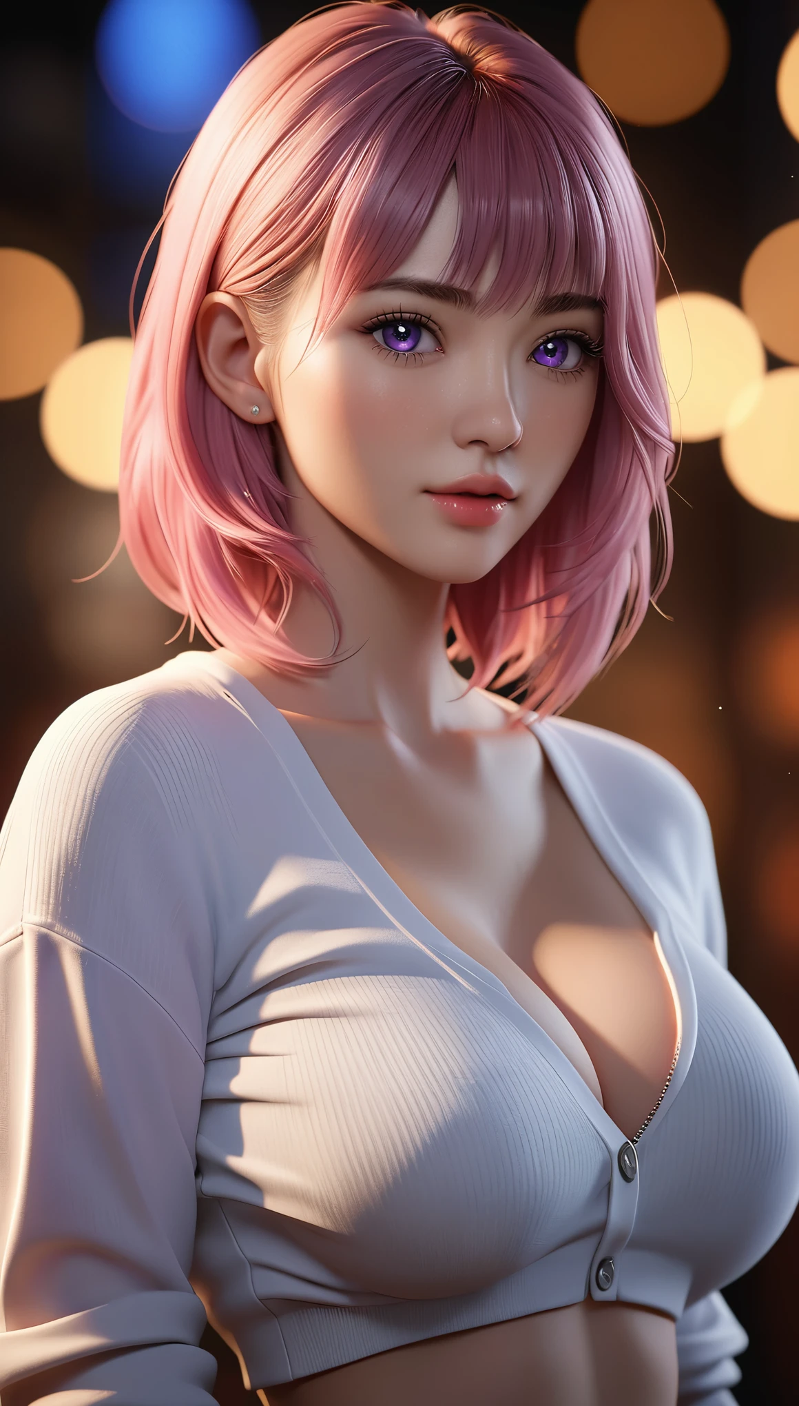best quality, masterpiece, High resolution, portrait, actual, Purple Eyes, Pink hair, Large , 8K resolution, high qualityCG, Beautiful CG, Soft Light, fashion brand image, Fashionable and casual, The Tyndall effect, lifelike, studio, Side lighting, (HD Skin:1.2), 8K超高清, sex, hiquality, Volumetric lighting, confess, photography, 超High resolution, 8K, Bokeh, Shallow depth of field