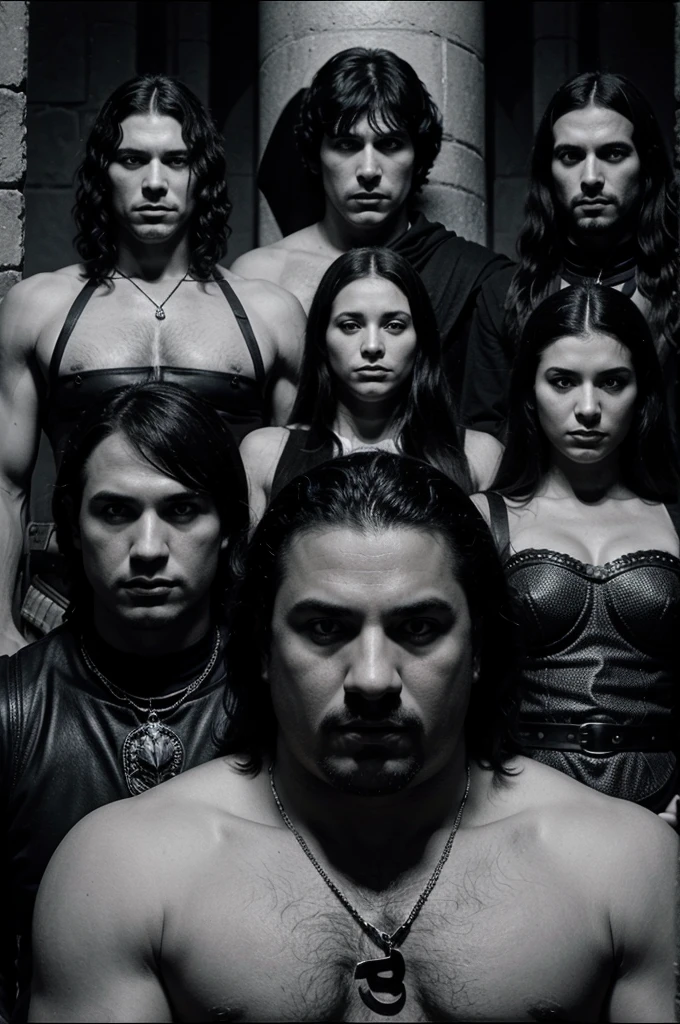 Make an image of 5 people, black and white, with the title on the image "Big Luiz, the biggest shit of the Middle Ages" in the style of Frank Herbert's Dune